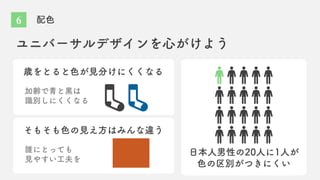 配色
ユニバーサルデザインを心がけよう
日本人男性の20人に1人が
色の区別がつきにくい
歳をとると色が見分けにくくなる
加齢で青と黒は
識別しにくくなる
そもそも色の見え方はみんな違う
誰にとっても
見やすい工夫を
6
 