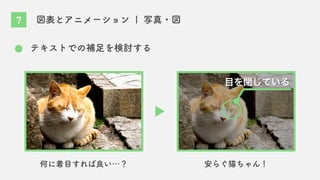 図表とアニメーション | 写真・図
テキストでの補足を検討する
何に着目すれば良い…？ 安らぐ猫ちゃん！
目を閉じている
7
 