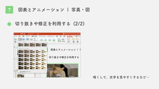 図表とアニメーション | 写真・図
切り抜きや修正を利用する (2/2)
暗くして、文字を見やすくするなど…
7
 