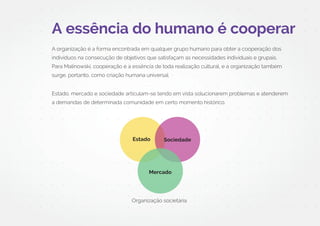 A essência do humano é cooperar
A organização é a forma encontrada em qualquer grupo humano para obter a cooperação dos
indivíduos na consecução de objetivos que satisfaçam as necessidades individuais e grupais.
Para Malinowski, cooperação é a essência de toda realização cultural, e a organização também
surge, portanto, como criação humana universal.
Estado, mercado e sociedade articulam-se tendo em vista solucionarem problemas e atenderem
a demandas de determinada comunidade em certo momento histórico.
Estado Sociedade
Mercado
Organização societária
 