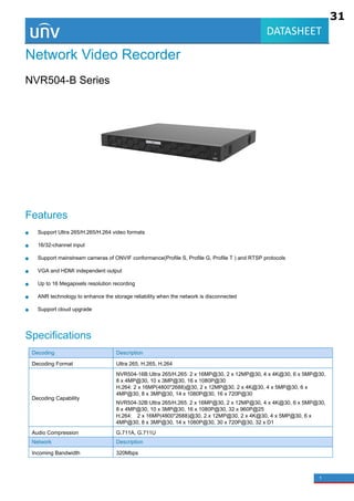 1
DATASHEET
Network Video Recorder
NVR504-B Series
Features
Support Ultra 265/H.265/H.264 video formats
16/32-channel input
Support mainstream cameras of ONVIF conformance(Profile S, Profile G, Profile T ) and RTSP protocols
VGA and HDMI independent output
Up to 16 Megapixels resolution recording
ANR technology to enhance the storage reliability when the network is disconnected
Support cloud upgrade
Specifications
Decoding Description
Decoding Format Ultra 265, H.265, H.264
Decoding Capability
NVR504-16B:Ultra 265/H.265: 2 x 16MP@30, 2 x 12MP@30, 4 x 4K@30, 6 x 5MP@30,
8 x 4MP@30, 10 x 3MP@30, 16 x 1080P@30
H.264: 2 x 16MP(4800*2688)@30, 2 x 12MP@30, 2 x 4K@30, 4 x 5MP@30, 6 x
4MP@30, 8 x 3MP@30, 14 x 1080P@30, 16 x 720P@30
NVR504-32B:Ultra 265/H.265: 2 x 16MP@30, 2 x 12MP@30, 4 x 4K@30, 6 x 5MP@30,
8 x 4MP@30, 10 x 3MP@30, 16 x 1080P@30, 32 x 960P@25
H.264: 2 x 16MP(4800*2688)@30, 2 x 12MP@30, 2 x 4K@30, 4 x 5MP@30, 6 x
4MP@30, 8 x 3MP@30, 14 x 1080P@30, 30 x 720P@30, 32 x D1
Audio Compression G.711A, G.711U
Network Description
Incoming Bandwidth 320Mbps
31
4
4
4.2
4.3
4.1
 