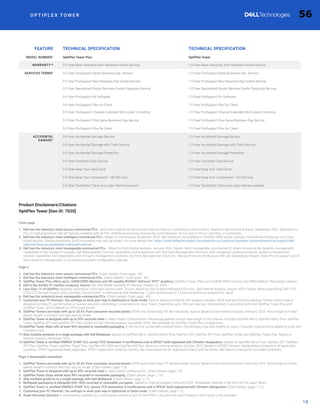 O P T I P L E X T O W E R
FEATURE TECHNICAL SPECIFICATION TECHNICAL SPECIFICATION
MODEL NUMBER1
OptiPlex Tower Plus OptiPlex Tower
WARRANTY4,6
3-5 Year Basic Warranty with Hardware Onsite Service 1-5 Year Basic Warranty with Hardware Onsite Service
SERVICES TERMS6
3-5 Year ProSupport Same Business Day Service 1-5 Year ProSupport Same Business Day Service
3-5 Year ProSupport Next Business Day Onsite Service 1-5 Year ProSupport Next Business Day Onsite Service
3-5 Year Specialized Onsite Services Onsite Diagnosis Service 1-5 Year Specialized Onsite Services Onsite Diagnosis Service
3-5 Year ProSupport for Software 1-5 Year ProSupport for Software
3-5 Year ProSupport Flex for Client 1-5 Year ProSupport Flex for Client
3-5 Year ProSupport Channel Extended SKU's (Add 3 months) 1-5 Year ProSupport Channel Extended SKU's (Add 3 months)
3-5 Year ProSupport Plus Same Business Day Service 1-5 Year ProSupport Plus Same Business Day Service
3-5 Year ProSupport Plus for Client 1-5 Year ProSupport Plus for Client
ACCIDENTAL
DAMAGE1
3-5 Year Accidental Damage Service 1-5 Year Accidental Damage Service
3-5 Year Accidental Damage with Theft Service 1-5 Year Accidental Damage with Theft Service
3-5 Year Accidental Damage Protection 1-5 Year Accidental Damage Protection
3-5 Year Complete Care Service 1-5 Year Complete Care Service
3-5 Year Keep Your Hard Drive 1-5 Year Keep Your Hard Drive
3-5 Year Keep Your Component - US FED only 1-5 Year Keep Your Component - US FED only
3-5 Year TechDirect: Parts and Labor Reimbursement 1-5 Year TechDirect: Parts and Labor Reimbursement
14
Product Disclaimers/Citations
OptiPlex Tower [Gen ID: 7020]
Cover page
1. Dell has the industry’s most secure commercial PCs - with built-in below the OS security features that our competitors cannot match. Based on Dell internal analysis, September 2023. Applicable to
PCs on Intel processors. Not all features available with all PCs. Additional purchase required for some features. Do not use in China, Colombia, or Guatemala.
2. Dell has the industry’s most intelligent commercial PCs - Based on Dell analysis, November 2023. Dell Optimizer not available in OptiPlex 3000 series, Latitude Chromebook Enterprise, and Linux-
based devices. Feature availability and functionality may vary by model. For more details visit: https://www.delltechnologies.com/asset/en-us/solutions/business-solutions/technical-support/dell-
optimizer-features-availability-matrix.pdf.external
3. Dell has the industry’s most manageable commercial PCs - Based on Dell internal analysis, January 2024. Details: Most manageable commercial PC when comparing the systems management
capabilities of Dell Update Processes, Dell Manageability Solution capabilities and integrations with 3rd Party Management Solutions, with competitor update processes, systems management
solution capabilities and integrations with 3rd party management solutions. 3rd Party Management Solutions - Microsoft Intune, Workspace ONE, are separate purchases. Intel vPro, to support out-of-
band systems management, is an additional system configuration upgrade.
Page 2
1. Dell has the industry’s most secure commercial PCs. (Claim Details: Cover page - #1)
2. Dell has the industry’s most intelligent commercial PCs. (Claim Details: Cover page - #2)
3. OptiPlex Tower Plus offers up to 128GB DDR5 Memory and VR-capable NVIDIA®
GeForce®
RTX™ graphics; OptiPlex Tower offers up to 64GB DDR5 memory and AMD Radeon™ RX graphic options.
4. Dell is the world’s #1 monitor company. Source: IDC Worldwide Quarterly PC Monitor Tracker, Q1 2024.
5. Less than 1% of OptiPlex desktops experience a first-year service event. Source: Based on Dell Quality Intelligence (Qi) tool - Dell Internal Analysis, August 2023. Details: When quantifying Dell FY19-
FY24 YTD through August 2023; whereby “service event” is indicated by Dell facilitating 1.) part replacement or 2.) service technician dispatch for repair.
6. Dell has the industry’s most manageable commercial PCs (Claim details: Cover page - #3)
7. Customize your PC thermal / fan settings to work your way in Optimized or Quiet mode. Source: Based on internal Dell analysis, January, 2024, final benchmarks pending. Details: Quiet mode is
designed to index PC performance on quieter acoustics and energy conservation for your Tower. Experience up to 39% gen over gen improvement in acoustics with new OptiPlex Tower Plus and
OptiPlex Tower. (CY23 default vs CY24 Quiet mode).
8. OptiPlex Towers are made with up to 53.6% Post-consumer recycled plastic (PCR) and closed loop ITE derived plastic Source: Based on Dell internal analysis, February 2023. Percentage is of total
plastic weight in product and may vary by model.
9. OptiPlex Tower is designed with up to 50% recycled steel in select tower configurations. Percentage applies to total steel weight in the chassis. Includes OptiPlex Micro, OptiPlex Micro Plus, OptiPlex
Tower, OptiPlex SFF and OptiPlex SFF Plus. Based on Dell internal analysis, December 2023. Not available for OptiPlex Tower Plus configuration.
10.OptiPlex Tower ships with at least 90% recycled or renewable packaging, in the form of sustainably forested fibers. Percentages may vary slightly by region. Excludes optional items added to order and
included in box.
11.Ship multiple products in a single package with Dell Multipack, Applies to OptiPlex Micro, OptiPlex Micro Plus, OptiPlex SFF, OptiPlex SFF Plus, OptiPlex Tower and OptiPlex Tower Plus. Based on
internal analysis, December 2023.
12.OptiPlex Tower is certified ENERGY STAR®
8.0, carries TCO Generation 9 certifications and is EPEAT Gold registered with Climate+ designation. Applies to OptiPlex Micro Plus, OptiPlex SFF, OptiPlex
SFF Plus, OptiPlex Tower, OptiPlex Tower Plus, OptiPlex AIO 35W and OptiPlex AIO Plus. Based on internal analysis, October 2023. Based on EPEAT Climate+ Designations achieved in all applicable
countries. EPEAT registered where applicable. EPEAT registration varies by country. See www.epeat.net for registration status and tier levels. See Owner’s manual for eco-label conditions.
Page 3 Sustainable innovation
1. OptiPlex Towers are made with up to 53.6% Post-consumer recycled plastic (PCR) and closed loop ITE derived plastic Source: Based on Dell internal analysis, February 2023. Percentage is of total
plastic weight in product and may vary by model. (Claim details: page: 1.8).
2. OptiPlex Tower is designed with up to 50% recycled steel in select tower configurations. (Claim details: page: 1.9).
3. OptiPlex Tower ships withat least 90% recycled or renewable packaging. (Claim details: page: 1.10).
4. Ship multiple products in a single package with Dell Multipack. (Claim details: page: 1.11).
5. Multipack packaging is designed with 100% recycled or renewable corrugate. Based on internal analysis, February 2022. Renewable material in the form of FSC paper fibers.
6. OptiPlex Tower is certified ENERGY STAR®
8.0, carries TCO Generation 9 certifications and is EPEAT Gold registered with Climate+ designation (Claim details: page: 1.12).
7. Customize your PC thermal / fan settings to work your way in Optimized or Quiet mode. (Claim Details: page 1.7).
8. Asset Recovery Services is conveniently available as a stand-alone service or part of Dell APEX, Lifecycle Hub and ProDeploy Client Suite; in 35 countries.
56
 
