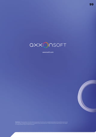 axxonsoft.com
Disclaimer: This document is for informational purposes only and is not a complete description of AxxonSoft products and
their operation. Detailed documentation is available at docs.axxonsoft.com. Product features and specifications are subject
to change without notice. © 2024 AxxonSoft
99
 