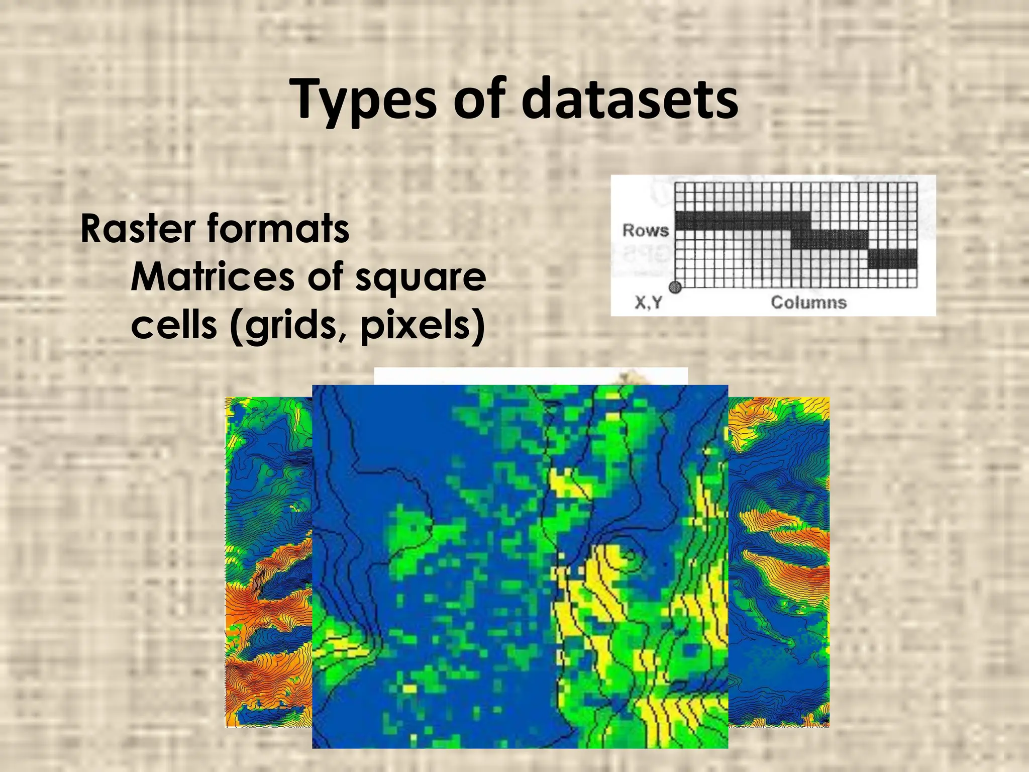 Types of datasets
Raster formats
Matrices of square
cells (grids, pixels)
 