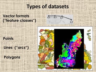 Types of datasets
Vector formats
(“feature classes”)
Points
Lines (”arcs”)
Polygons
 