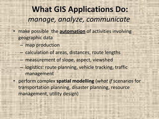 What GIS Applications Do:
manage, analyze, communicate
• make possible the automation of activities involving
geographic data
– map production
– calculation of areas, distances, route lengths
– measurement of slope, aspect, viewshed
– logistics: route planning, vehicle tracking, traffic
management
• perform complex spatial modelling (what if scenarios for
transportation planning, disaster planning, resource
management, utility design)
 