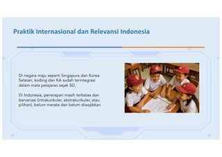 Praktik Internasional dan Relevansi Indonesia
Di negara maju seperti Singapura dan Korea
Selatan, koding dan KA sudah terintegrasi
dalam mata pelajaran sejak SD.
Di Indonesia, penerapan masih terbatas dan
bervariasi (intrakurikuler, ekstrakurikuler, atau
pilihan), belum merata dan belum diwajibkan
 