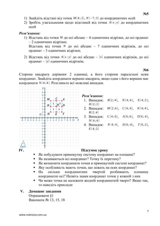 №5
1) Знайдіть відстані від точок M (4 ;2), N(−7;3) до координатних осей
2) Зробіть узагальнення щодо відстаней від точки A(x ; y) до координатних
осей
Розв’язання:
1) Відстань від точки M до осі абсцис – 4 одиничних відрізки, до осі ординат
– 2 одиничних відрізки;
Відстань від точки N до осі абсцис – 7 одиничних відрізків, до осі
ординат – 3 одиничних відрізки;
2) Відстань від точки A(x ; y) до осі абсцис – |x| одиничних відрізків, до осі
ординат – |y| одиничних відрізків;
№6
Сторона квадрата дорівнює 2 одиниці, а його сторони паралельні осям
координат. Знайдіть координати вершин квадрата, якщо одна з його вершин має
координати N(4;4). Розгляньте всі можливі випадки.
Розв’язання:
1. Випадок: B(2;4), N (4;4), E(4;2);
H (2;2)
2. Випадок: M (2;6), C(4; 6), N (4;4),
B(2;4)
3. Випадок: C(4; 6), A(6;6), D(6; 4),
N(4;4)
4. Випадок: N (4; 4), D(6; 4), T (6;2),
E(4;2)
IV. Підсумок уроку
 Як побудувати прямокутну систему координат на площині?
 Як називаються осі координат? Точку їх перетину?
 Як визначити координати точки в прямокутній системі координат?
 Яку особливість мають точки, що лежать на осях координат?
 На скільки координатних чвертей розбивають площину
координатні осі? Назвіть знаки координат точок у кожній з них
 Чи може точка не належати жодній координатній чверті? Якщо так,
то наведіть приклади
V. Домашнє завдання
Опрацювати §1
Виконати № 13, 15, 18
7
www.matnova.com.ua
 