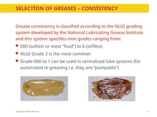 Copyright of Shell Lubricants
SELECTİON OF GREASES – CONSİSTENCY
Grease consistency is classified according to the NLGI grading
system developed by the National Lubricating Grease Institute
and this system specifies nine grades ranging from:
 000 (softest or most “fluid”) to 6 (stiffest)
 NLGI Grade 2 is the most common
 Grade 000 to 1 can be used in centralized lube systems (for
automated re-greasing i.e. they are “pumpable”)
27
 