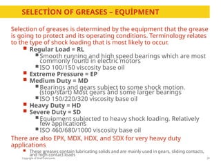 Copyright of Shell Lubricants
SELECTİON OF GREASES – EQUİPMENT
29
Selection of greases is determined by the equipment that the grease
is going to protect and its operating conditions. Terminology relates
to the type of shock loading that is most likely to occur.
 Regular Load = RL
 Smooth running and high speed bearings which are most
commonly found in electric motors
 ISO 100/150 viscosity base oil
 Extreme Pressure = EP
 Medium Duty = MD
 Bearings and gears subject to some shock motion.
(stop/start) Most gears and some larger bearings
 ISO 150/220/320 viscosity base oil
 Heavy Duty = HD
 Severe Duty = SD
 Equipment subjected to heavy shock loading. Relatively
few applications
 ISO 460/680/1000 viscosity base oil
There are also EPX, MDX, HDX, and SDX for very heavy duty
applications
 These greases contain lubricating solids and are mainly used in gears, sliding contacts,
and high contact loads
 