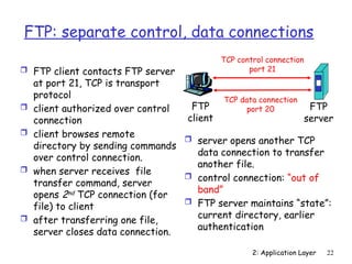 2: Application Layer 22
FTP: separate control, data connections
 FTP client contacts FTP server
at port 21, TCP is transport
protocol
 client authorized over control
connection
 client browses remote
directory by sending commands
over control connection.
 when server receives file
transfer command, server
opens 2nd
TCP connection (for
file) to client
 after transferring one file,
server closes data connection.
FTP
client
FTP
server
TCP control connection
port 21
TCP data connection
port 20
 server opens another TCP
data connection to transfer
another file.
 control connection: “out of
band”
 FTP server maintains “state”:
current directory, earlier
authentication
 