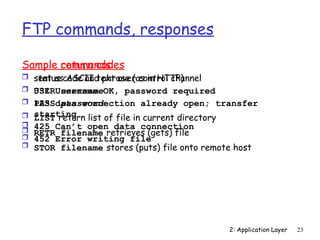2: Application Layer 23
FTP commands, responses
Sample commands:
 sent as ASCII text over control channel
 USER username
 PASS password
 LIST return list of file in current directory
 RETR filename retrieves (gets) file
 STOR filename stores (puts) file onto remote host
Sample return codes
 status code and phrase (as in HTTP)
 331 Username OK, password required
 125 data connection already open; transfer
starting
 425 Can’t open data connection
 452 Error writing file
 