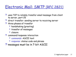 2: Application Layer 27
Electronic Mail: SMTP [RFC 2821]
 uses TCP to reliably transfer email message from client
to server, port 25
 direct transfer: sending server to receiving server
 three phases of transfer
 handshaking (greeting)
 transfer of messages
 closure
 command/response interaction
 commands: ASCII text
 response: status code and phrase
 messages must be in 7-bit ASCII
 