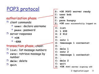2: Application Layer 35
POP3 protocol
authorization phase
 client commands:
 user: declare username
 pass: password
 server responses
 +OK
 -ERR
transaction phase, client:
 list: list message numbers
 retr: retrieve message by
number
 dele: delete
 quit
C: list
S: 1 498
S: 2 912
S: .
C: retr 1
S: <message 1 contents>
S: .
C: dele 1
C: retr 2
S: <message 1 contents>
S: .
C: dele 2
C: quit
S: +OK POP3 server signing off
S: +OK POP3 server ready
C: user bob
S: +OK
C: pass hungry
S: +OK user successfully logged on
 