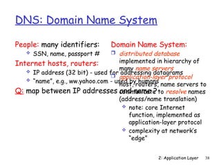 2: Application Layer 38
DNS: Domain Name System
People: many identifiers:
 SSN, name, passport #
Internet hosts, routers:
 IP address (32 bit) - used for addressing datagrams
 “name”, e.g., ww.yahoo.com - used by humans
Q: map between IP addresses and name ?
Domain Name System:
 distributed database
implemented in hierarchy of
many name servers
 application-layer protocol
host, routers, name servers to
communicate to resolve names
(address/name translation)
 note: core Internet
function, implemented as
application-layer protocol
 complexity at network’s
“edge”
 
