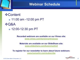 Webinar Schedule
Content


11:00 am -12:00 pm PT

Q&A


12:00-12:30 pm PT
Recorded webinars are available on our Vimeo...