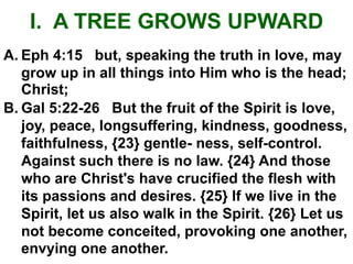 I. A TREE GROWS UPWARD
A. Eph 4:15 but, speaking the truth in love, may
   grow up in all things into Him who is the head;
   Christ;
B. Gal 5:22-26 But the fruit of the Spirit is love,
   joy, peace, longsuffering, kindness, goodness,
   faithfulness, {23} gentle- ness, self-control.
   Against such there is no law. {24} And those
   who are Christ's have crucified the flesh with
   its passions and desires. {25} If we live in the
   Spirit, let us also walk in the Spirit. {26} Let us
   not become conceited, provoking one another,
   envying one another.
 