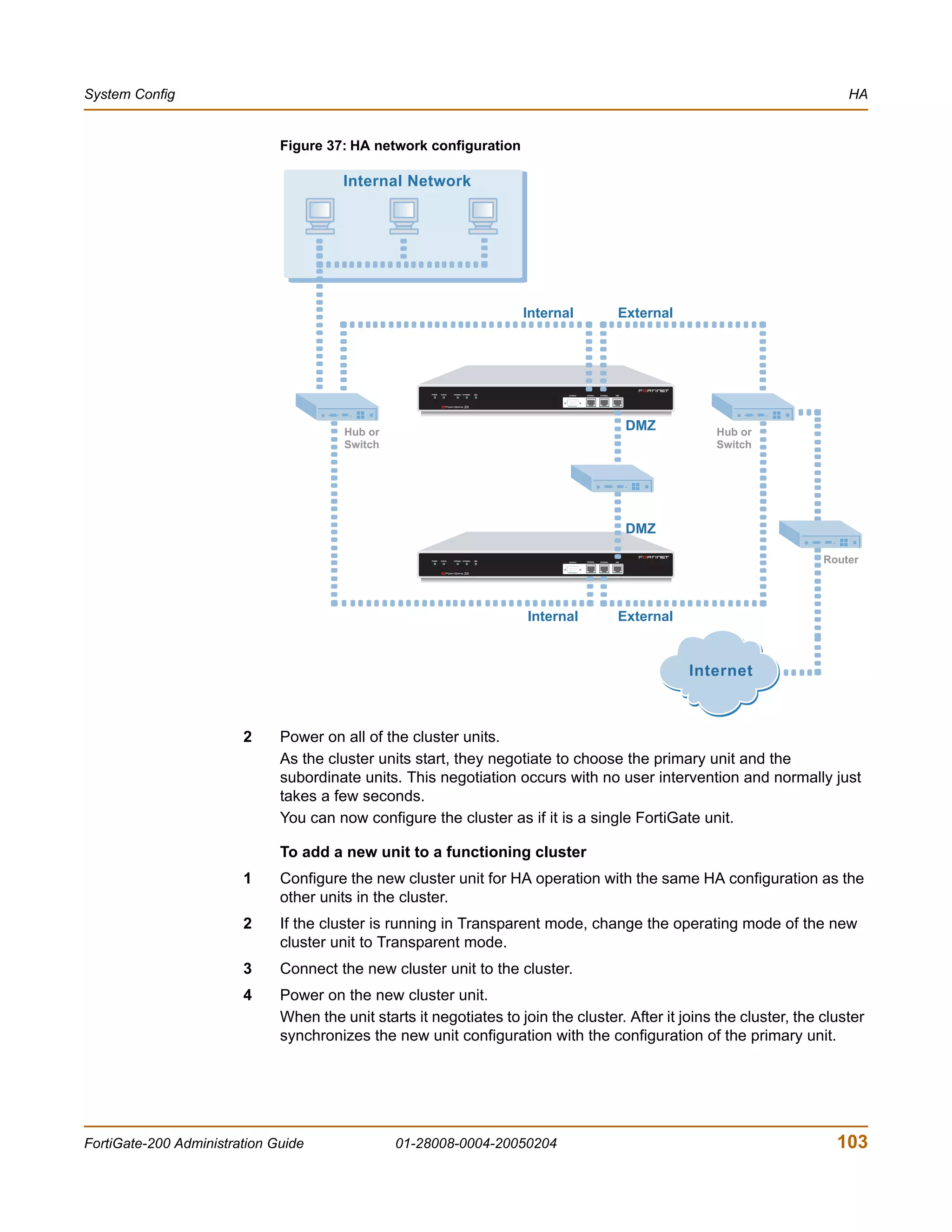 System Config                                                                                                                                                       HA


                              Figure 37: HA network configuration

                                        Internal Network




                                                                                                 Internal                                External




                                                      POWER   STATUS   INTERNAL EXTERNAL   DMZ
                                                                                                        CONSOLE   INTERNAL   EXTERNAL   DMZ




                                        Hub or
                                                                                                                                              DMZ      Hub or
                                        Switch                                                                                                         Switch




                                                                                                                                              DMZ

                                                      POWER   STATUS   INTERNAL EXTERNAL   DMZ
                                                                                                        CONSOLE   INTERNAL   EXTERNAL   DMZ                     Router




                                                                                                 Internal                                External


                                                                                                                                                    Internet



                        2     Power on all of the cluster units.
                              As the cluster units start, they negotiate to choose the primary unit and the
                              subordinate units. This negotiation occurs with no user intervention and normally just
                              takes a few seconds.
                              You can now configure the cluster as if it is a single FortiGate unit.

                              To add a new unit to a functioning cluster
                        1     Configure the new cluster unit for HA operation with the same HA configuration as the
                              other units in the cluster.
                        2     If the cluster is running in Transparent mode, change the operating mode of the new
                              cluster unit to Transparent mode.
                        3     Connect the new cluster unit to the cluster.
                        4     Power on the new cluster unit.
                              When the unit starts it negotiates to join the cluster. After it joins the cluster, the cluster
                              synchronizes the new unit configuration with the configuration of the primary unit.




FortiGate-200 Administration Guide               01-28008-0004-20050204                                                                                           103
 
