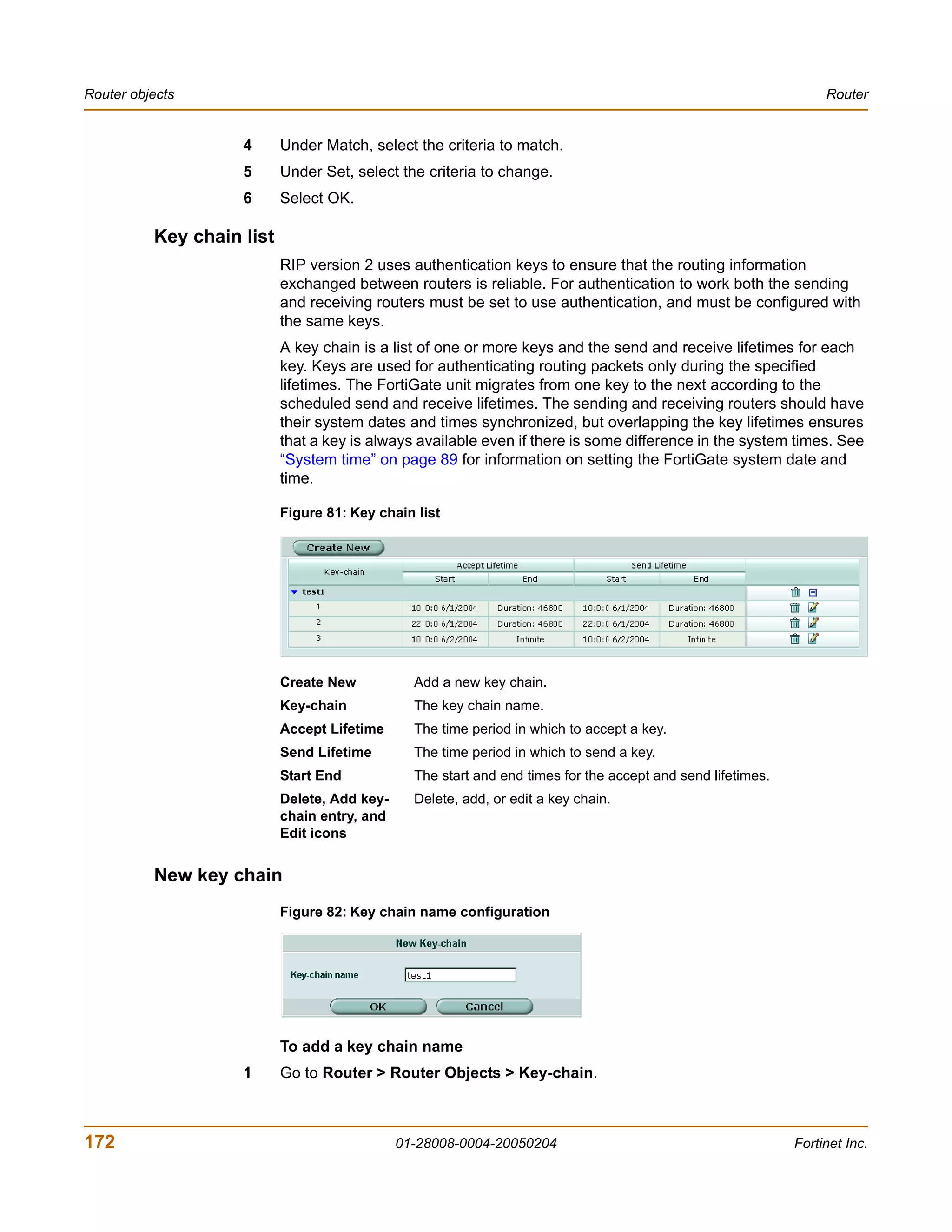 Router objects                                                                                                    Router


                    4      Under Match, select the criteria to match.
                    5      Under Set, select the criteria to change.
                    6      Select OK.

          Key chain list
                           RIP version 2 uses authentication keys to ensure that the routing information
                           exchanged between routers is reliable. For authentication to work both the sending
                           and receiving routers must be set to use authentication, and must be configured with
                           the same keys.
                           A key chain is a list of one or more keys and the send and receive lifetimes for each
                           key. Keys are used for authenticating routing packets only during the specified
                           lifetimes. The FortiGate unit migrates from one key to the next according to the
                           scheduled send and receive lifetimes. The sending and receiving routers should have
                           their system dates and times synchronized, but overlapping the key lifetimes ensures
                           that a key is always available even if there is some difference in the system times. See
                           “System time” on page 89 for information on setting the FortiGate system date and
                           time.

                           Figure 81: Key chain list




                           Create New           Add a new key chain.
                           Key-chain            The key chain name.
                           Accept Lifetime      The time period in which to accept a key.
                           Send Lifetime        The time period in which to send a key.
                           Start End            The start and end times for the accept and send lifetimes.
                           Delete, Add key-     Delete, add, or edit a key chain.
                           chain entry, and
                           Edit icons


          New key chain
                           Figure 82: Key chain name configuration




                           To add a key chain name
                    1      Go to Router > Router Objects > Key-chain.



172                                           01-28008-0004-20050204                                         Fortinet Inc.
 