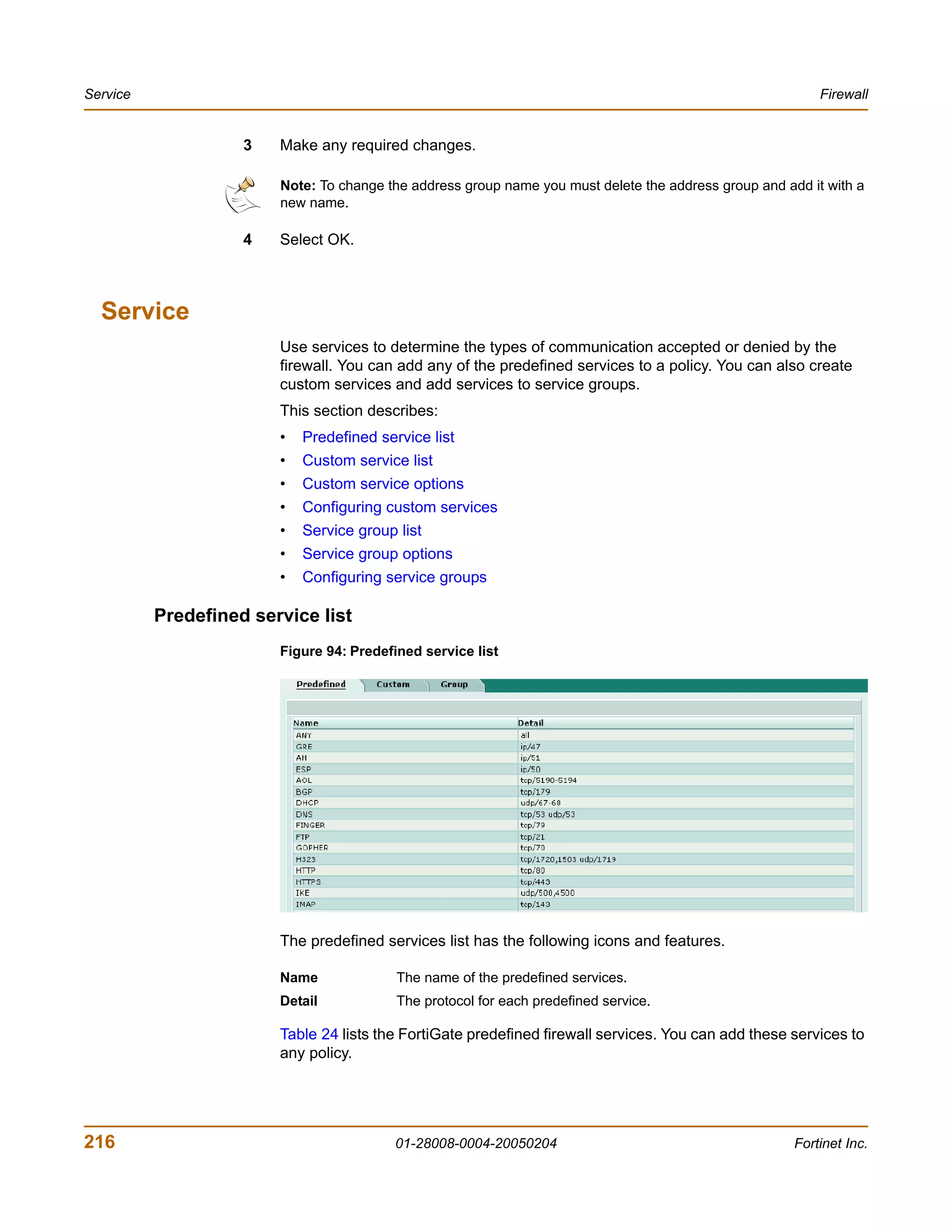 Service                                                                                                    Firewall


                    3   Make any required changes.

                        Note: To change the address group name you must delete the address group and add it with a
                        new name.

                    4   Select OK.



  Service
                        Use services to determine the types of communication accepted or denied by the
                        firewall. You can add any of the predefined services to a policy. You can also create
                        custom services and add services to service groups.
                        This section describes:
                        •   Predefined service list
                        •   Custom service list
                        •   Custom service options
                        •   Configuring custom services
                        •   Service group list
                        •   Service group options
                        •   Configuring service groups

          Predefined service list
                        Figure 94: Predefined service list




                        The predefined services list has the following icons and features.

                        Name              The name of the predefined services.
                        Detail            The protocol for each predefined service.

                        Table 24 lists the FortiGate predefined firewall services. You can add these services to
                        any policy.




216                                       01-28008-0004-20050204                                       Fortinet Inc.
 