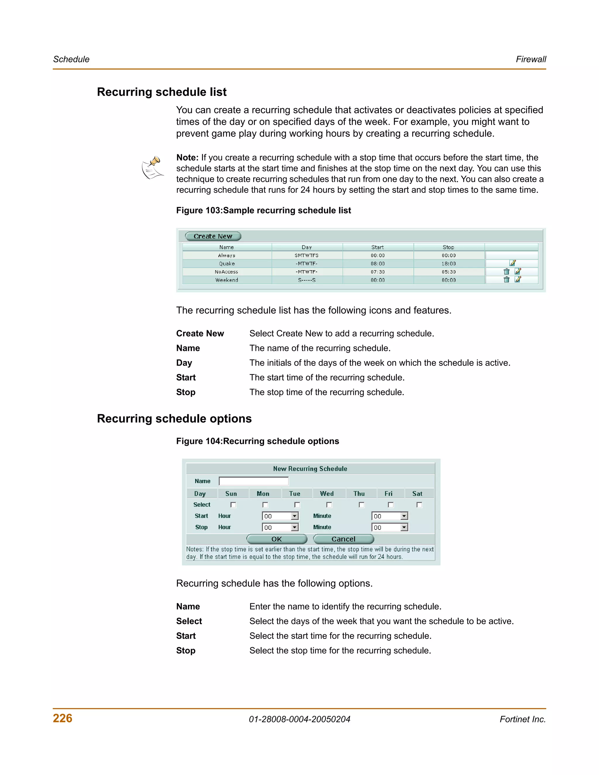 Schedule                                                                                                            Firewall


           Recurring schedule list
                         You can create a recurring schedule that activates or deactivates policies at specified
                         times of the day or on specified days of the week. For example, you might want to
                         prevent game play during working hours by creating a recurring schedule.

                         Note: If you create a recurring schedule with a stop time that occurs before the start time, the
                         schedule starts at the start time and finishes at the stop time on the next day. You can use this
                         technique to create recurring schedules that run from one day to the next. You can also create a
                         recurring schedule that runs for 24 hours by setting the start and stop times to the same time.

                         Figure 103:Sample recurring schedule list




                         The recurring schedule list has the following icons and features.

                         Create New         Select Create New to add a recurring schedule.
                         Name               The name of the recurring schedule.
                         Day                The initials of the days of the week on which the schedule is active.
                         Start              The start time of the recurring schedule.
                         Stop               The stop time of the recurring schedule.


           Recurring schedule options
                         Figure 104:Recurring schedule options




                         Recurring schedule has the following options.

                         Name               Enter the name to identify the recurring schedule.
                         Select             Select the days of the week that you want the schedule to be active.
                         Start              Select the start time for the recurring schedule.
                         Stop               Select the stop time for the recurring schedule.




226                                         01-28008-0004-20050204                                            Fortinet Inc.
 