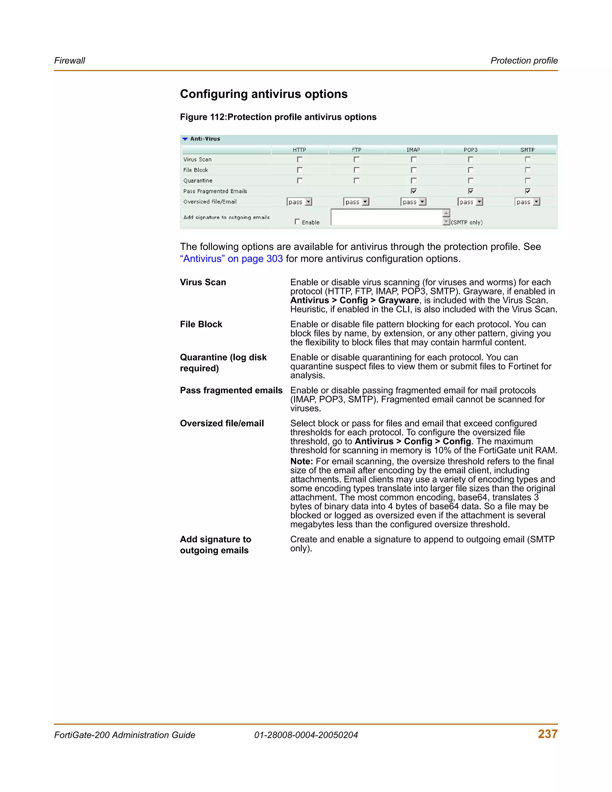Firewall                                                                                                     Protection profile


                              Configuring antivirus options
                              Figure 112:Protection profile antivirus options




                              The following options are available for antivirus through the protection profile. See
                              “Antivirus” on page 303 for more antivirus configuration options.

                              Virus Scan                Enable or disable virus scanning (for viruses and worms) for each
                                                        protocol (HTTP, FTP, IMAP, POP3, SMTP). Grayware, if enabled in
                                                        Antivirus > Config > Grayware, is included with the Virus Scan.
                                                        Heuristic, if enabled in the CLI, is also included with the Virus Scan.
                              File Block                Enable or disable file pattern blocking for each protocol. You can
                                                        block files by name, by extension, or any other pattern, giving you
                                                        the flexibility to block files that may contain harmful content.
                              Quarantine (log disk      Enable or disable quarantining for each protocol. You can
                              required)                 quarantine suspect files to view them or submit files to Fortinet for
                                                        analysis.
                              Pass fragmented emails Enable or disable passing fragmented email for mail protocols
                                                     (IMAP, POP3, SMTP). Fragmented email cannot be scanned for
                                                     viruses.
                              Oversized file/email      Select block or pass for files and email that exceed configured
                                                        thresholds for each protocol. To configure the oversized file
                                                        threshold, go to Antivirus > Config > Config. The maximum
                                                        threshold for scanning in memory is 10% of the FortiGate unit RAM.
                                                        Note: For email scanning, the oversize threshold refers to the final
                                                        size of the email after encoding by the email client, including
                                                        attachments. Email clients may use a variety of encoding types and
                                                        some encoding types translate into larger file sizes than the original
                                                        attachment. The most common encoding, base64, translates 3
                                                        bytes of binary data into 4 bytes of base64 data. So a file may be
                                                        blocked or logged as oversized even if the attachment is several
                                                        megabytes less than the configured oversize threshold.
                              Add signature to          Create and enable a signature to append to outgoing email (SMTP
                              outgoing emails           only).




FortiGate-200 Administration Guide               01-28008-0004-20050204                                                  237
 