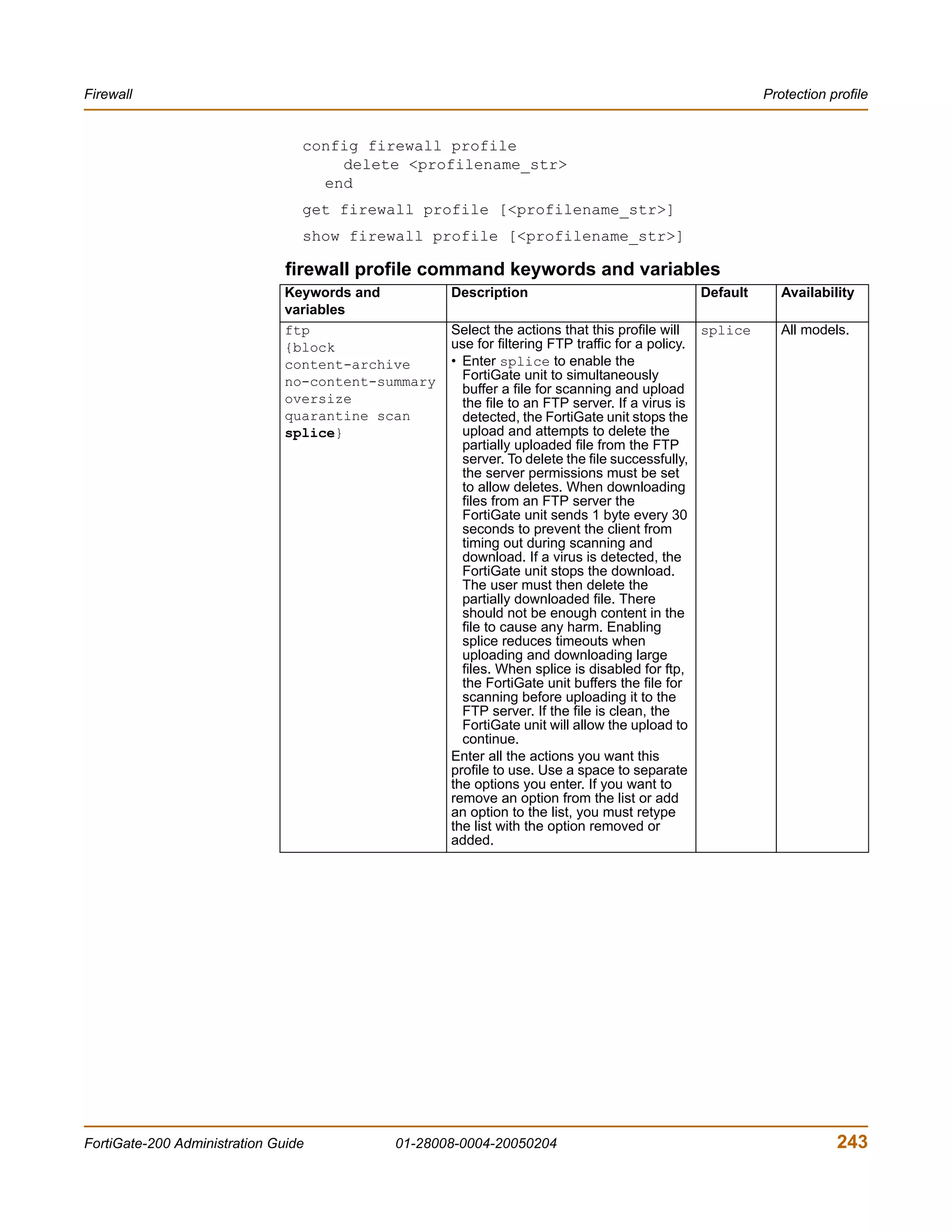 Firewall                                                                                                 Protection profile


                                 config firewall profile
                                     delete <profilename_str>
                                   end
                                 get firewall profile [<profilename_str>]
                                 show firewall profile [<profilename_str>]

                               firewall profile command keywords and variables
                               Keywords and         Description                              Default        Availability
                               variables
                               ftp                  Select the actions that this profile will   splice      All models.
                               {block               use for filtering FTP traffic for a policy.
                               content-archive      • Enter splice to enable the
                               no-content-summary     FortiGate unit to simultaneously
                                                      buffer a file for scanning and upload
                               oversize               the file to an FTP server. If a virus is
                               quarantine scan        detected, the FortiGate unit stops the
                               splice}                upload and attempts to delete the
                                                      partially uploaded file from the FTP
                                                      server. To delete the file successfully,
                                                      the server permissions must be set
                                                      to allow deletes. When downloading
                                                      files from an FTP server the
                                                      FortiGate unit sends 1 byte every 30
                                                      seconds to prevent the client from
                                                      timing out during scanning and
                                                      download. If a virus is detected, the
                                                      FortiGate unit stops the download.
                                                      The user must then delete the
                                                      partially downloaded file. There
                                                      should not be enough content in the
                                                      file to cause any harm. Enabling
                                                      splice reduces timeouts when
                                                      uploading and downloading large
                                                      files. When splice is disabled for ftp,
                                                      the FortiGate unit buffers the file for
                                                      scanning before uploading it to the
                                                      FTP server. If the file is clean, the
                                                      FortiGate unit will allow the upload to
                                                      continue.
                                                    Enter all the actions you want this
                                                    profile to use. Use a space to separate
                                                    the options you enter. If you want to
                                                    remove an option from the list or add
                                                    an option to the list, you must retype
                                                    the list with the option removed or
                                                    added.




FortiGate-200 Administration Guide          01-28008-0004-20050204                                                   243
 
