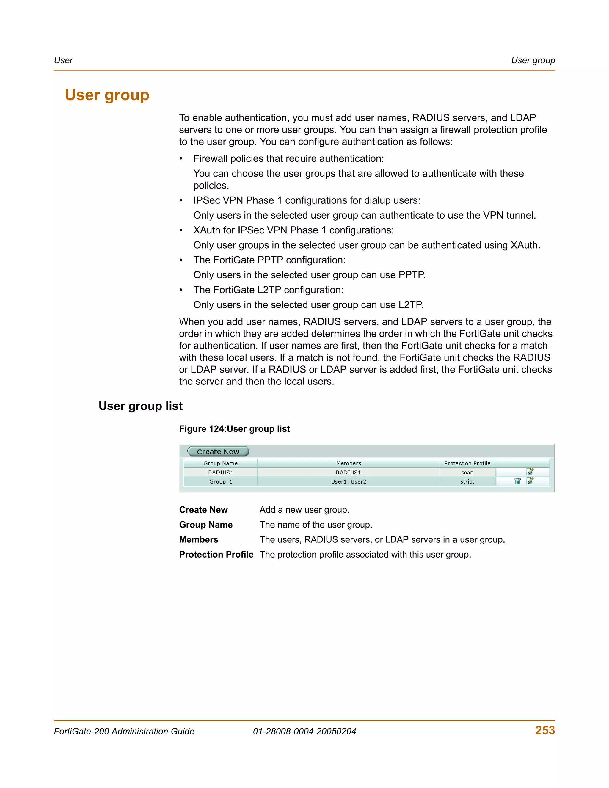 User                                                                                                            User group



  User group
                              To enable authentication, you must add user names, RADIUS servers, and LDAP
                              servers to one or more user groups. You can then assign a firewall protection profile
                              to the user group. You can configure authentication as follows:
                              •   Firewall policies that require authentication:
                                  You can choose the user groups that are allowed to authenticate with these
                                  policies.
                              •   IPSec VPN Phase 1 configurations for dialup users:
                                  Only users in the selected user group can authenticate to use the VPN tunnel.
                              •   XAuth for IPSec VPN Phase 1 configurations:
                                  Only user groups in the selected user group can be authenticated using XAuth.
                              •   The FortiGate PPTP configuration:
                                  Only users in the selected user group can use PPTP.
                              •   The FortiGate L2TP configuration:
                                  Only users in the selected user group can use L2TP.
                              When you add user names, RADIUS servers, and LDAP servers to a user group, the
                              order in which they are added determines the order in which the FortiGate unit checks
                              for authentication. If user names are first, then the FortiGate unit checks for a match
                              with these local users. If a match is not found, the FortiGate unit checks the RADIUS
                              or LDAP server. If a RADIUS or LDAP server is added first, the FortiGate unit checks
                              the server and then the local users.

          User group list
                              Figure 124:User group list




                              Create New          Add a new user group.
                              Group Name          The name of the user group.
                              Members             The users, RADIUS servers, or LDAP servers in a user group.
                              Protection Profile The protection profile associated with this user group.




FortiGate-200 Administration Guide              01-28008-0004-20050204                                               253
 