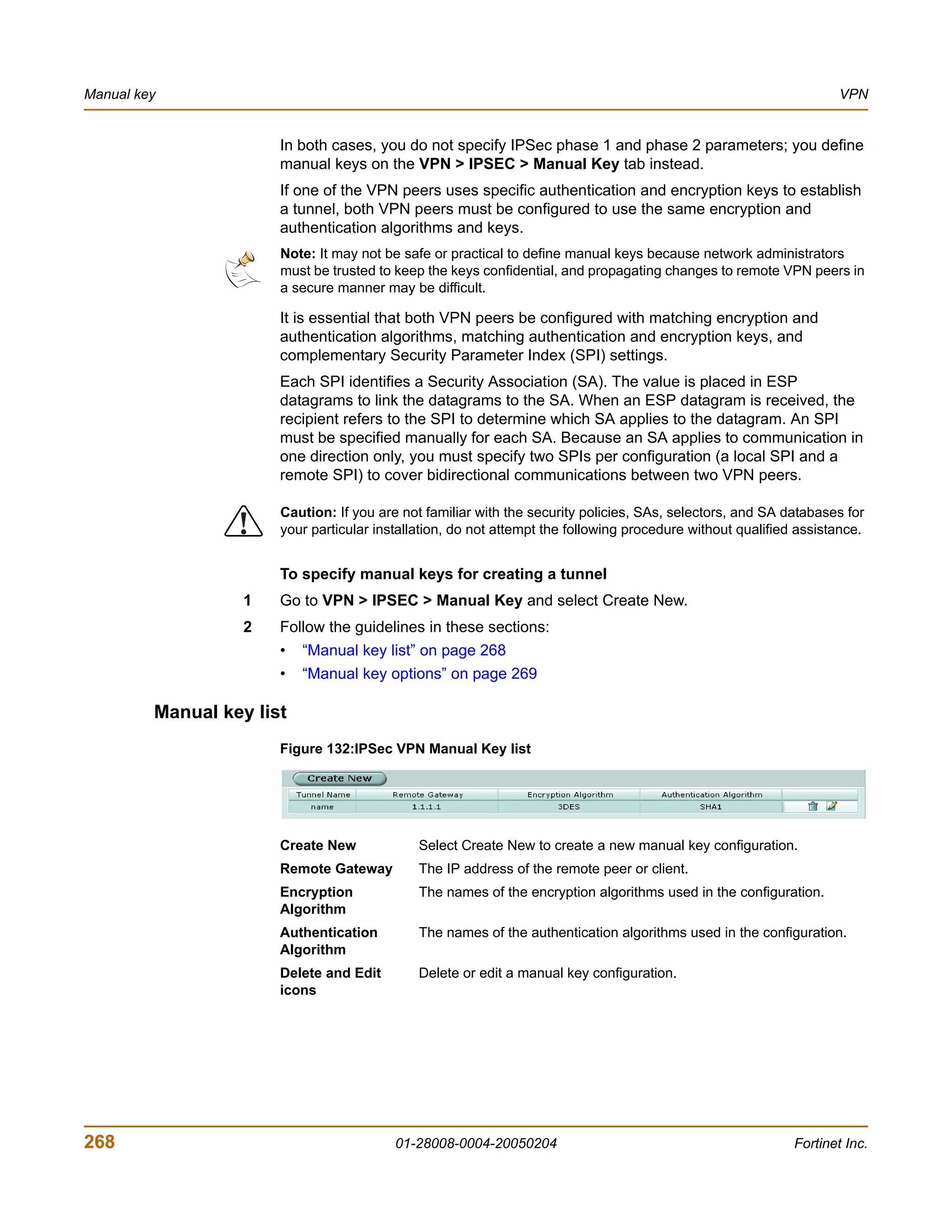 Manual key                                                                                                          VPN


                       In both cases, you do not specify IPSec phase 1 and phase 2 parameters; you define
                       manual keys on the VPN > IPSEC > Manual Key tab instead.
                       If one of the VPN peers uses specific authentication and encryption keys to establish
                       a tunnel, both VPN peers must be configured to use the same encryption and
                       authentication algorithms and keys.
                       Note: It may not be safe or practical to define manual keys because network administrators
                       must be trusted to keep the keys confidential, and propagating changes to remote VPN peers in
                       a secure manner may be difficult.

                       It is essential that both VPN peers be configured with matching encryption and
                       authentication algorithms, matching authentication and encryption keys, and
                       complementary Security Parameter Index (SPI) settings.
                       Each SPI identifies a Security Association (SA). The value is placed in ESP
                       datagrams to link the datagrams to the SA. When an ESP datagram is received, the
                       recipient refers to the SPI to determine which SA applies to the datagram. An SPI
                       must be specified manually for each SA. Because an SA applies to communication in
                       one direction only, you must specify two SPIs per configuration (a local SPI and a
                       remote SPI) to cover bidirectional communications between two VPN peers.

                       Caution: If you are not familiar with the security policies, SAs, selectors, and SA databases for
                  !    your particular installation, do not attempt the following procedure without qualified assistance.


                       To specify manual keys for creating a tunnel
                   1   Go to VPN > IPSEC > Manual Key and select Create New.
                   2   Follow the guidelines in these sections:
                       •   “Manual key list” on page 268
                       •   “Manual key options” on page 269

         Manual key list
                       Figure 132:IPSec VPN Manual Key list




                       Create New             Select Create New to create a new manual key configuration.
                       Remote Gateway         The IP address of the remote peer or client.
                       Encryption             The names of the encryption algorithms used in the configuration.
                       Algorithm
                       Authentication         The names of the authentication algorithms used in the configuration.
                       Algorithm
                       Delete and Edit        Delete or edit a manual key configuration.
                       icons




268                                       01-28008-0004-20050204                                             Fortinet Inc.
 