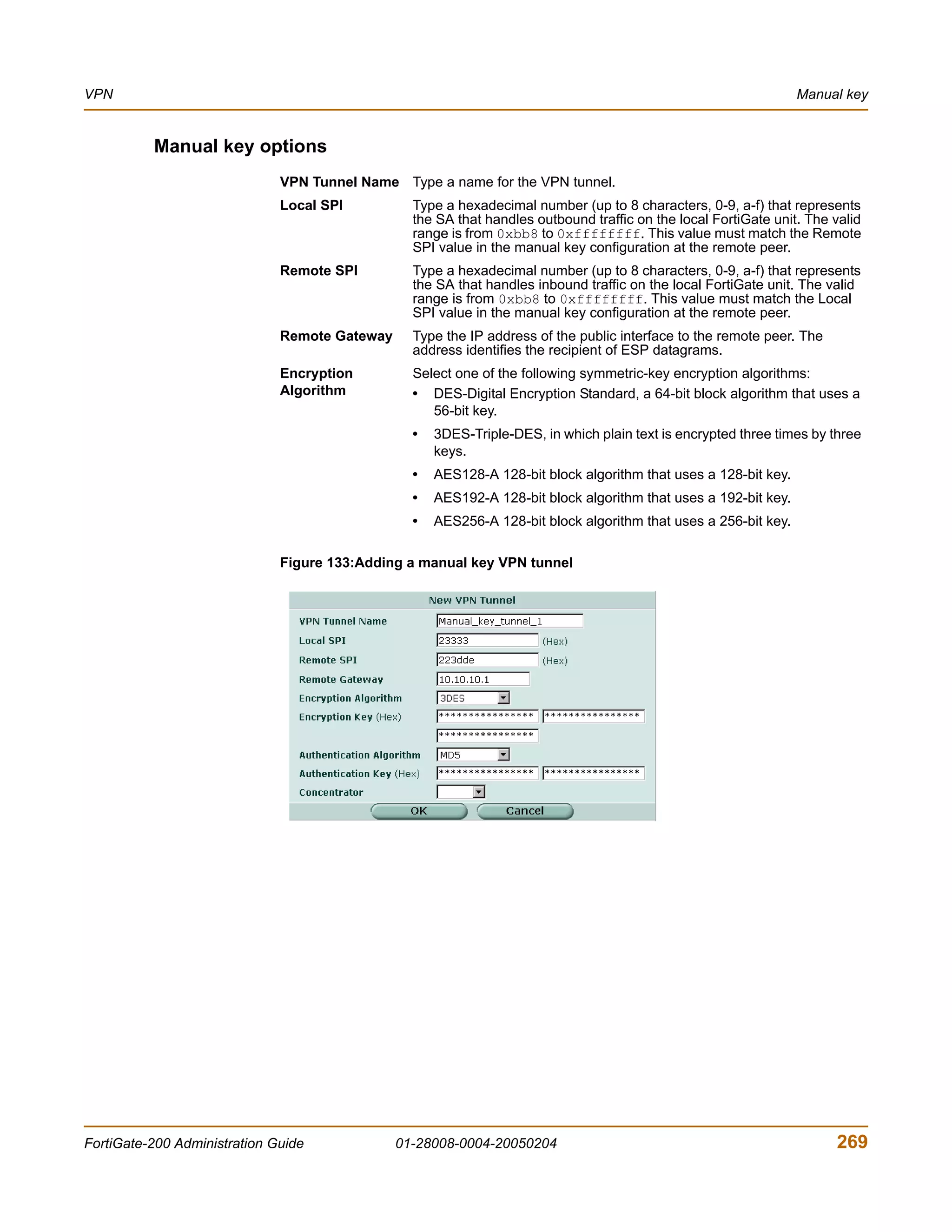 VPN                                                                                                              Manual key


          Manual key options
                              VPN Tunnel Name Type a name for the VPN tunnel.
                              Local SPI          Type a hexadecimal number (up to 8 characters, 0-9, a-f) that represents
                                                 the SA that handles outbound traffic on the local FortiGate unit. The valid
                                                 range is from 0xbb8 to 0xffffffff. This value must match the Remote
                                                 SPI value in the manual key configuration at the remote peer.
                              Remote SPI         Type a hexadecimal number (up to 8 characters, 0-9, a-f) that represents
                                                 the SA that handles inbound traffic on the local FortiGate unit. The valid
                                                 range is from 0xbb8 to 0xffffffff. This value must match the Local
                                                 SPI value in the manual key configuration at the remote peer.
                              Remote Gateway     Type the IP address of the public interface to the remote peer. The
                                                 address identifies the recipient of ESP datagrams.
                              Encryption         Select one of the following symmetric-key encryption algorithms:
                              Algorithm          • DES-Digital Encryption Standard, a 64-bit block algorithm that uses a
                                                    56-bit key.
                                                 •   3DES-Triple-DES, in which plain text is encrypted three times by three
                                                     keys.
                                                 •   AES128-A 128-bit block algorithm that uses a 128-bit key.
                                                 •   AES192-A 128-bit block algorithm that uses a 192-bit key.
                                                 •   AES256-A 128-bit block algorithm that uses a 256-bit key.

                              Figure 133:Adding a manual key VPN tunnel




FortiGate-200 Administration Guide             01-28008-0004-20050204                                                  269
 