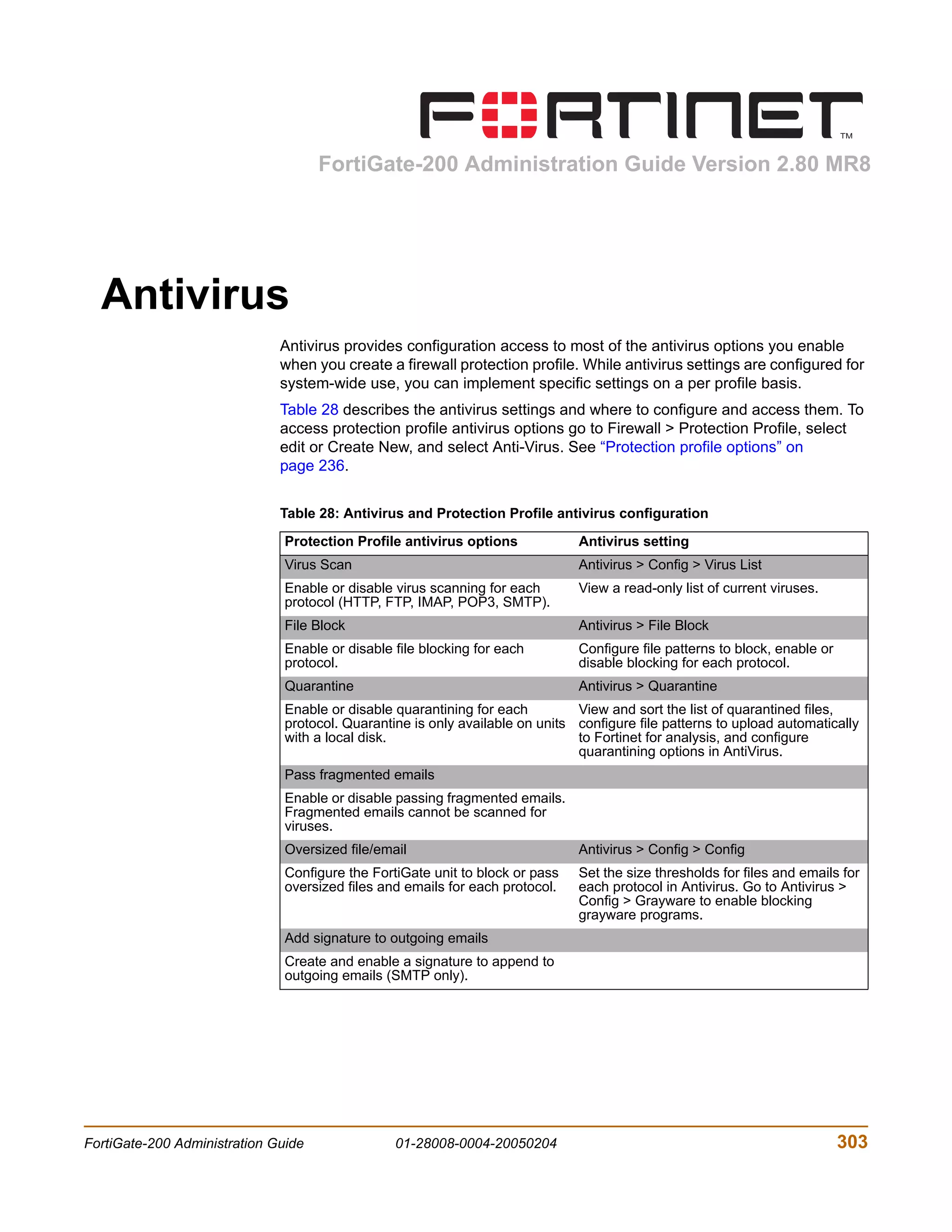 FortiGate-200 Administration Guide Version 2.80 MR8




  Antivirus
                              Antivirus provides configuration access to most of the antivirus options you enable
                              when you create a firewall protection profile. While antivirus settings are configured for
                              system-wide use, you can implement specific settings on a per profile basis.
                              Table 28 describes the antivirus settings and where to configure and access them. To
                              access protection profile antivirus options go to Firewall > Protection Profile, select
                              edit or Create New, and select Anti-Virus. See “Protection profile options” on
                              page 236.


                              Table 28: Antivirus and Protection Profile antivirus configuration

                               Protection Profile antivirus options            Antivirus setting
                               Virus Scan                                      Antivirus > Config > Virus List
                               Enable or disable virus scanning for each       View a read-only list of current viruses.
                               protocol (HTTP, FTP, IMAP, POP3, SMTP).
                               File Block                                      Antivirus > File Block
                               Enable or disable file blocking for each        Configure file patterns to block, enable or
                               protocol.                                       disable blocking for each protocol.
                               Quarantine                                      Antivirus > Quarantine
                               Enable or disable quarantining for each         View and sort the list of quarantined files,
                               protocol. Quarantine is only available on units configure file patterns to upload automatically
                               with a local disk.                              to Fortinet for analysis, and configure
                                                                               quarantining options in AntiVirus.
                               Pass fragmented emails
                               Enable or disable passing fragmented emails.
                               Fragmented emails cannot be scanned for
                               viruses.
                               Oversized file/email                            Antivirus > Config > Config
                               Configure the FortiGate unit to block or pass   Set the size thresholds for files and emails for
                               oversized files and emails for each protocol.   each protocol in Antivirus. Go to Antivirus >
                                                                               Config > Grayware to enable blocking
                                                                               grayware programs.
                               Add signature to outgoing emails
                               Create and enable a signature to append to
                               outgoing emails (SMTP only).




FortiGate-200 Administration Guide               01-28008-0004-20050204                                                      303
 