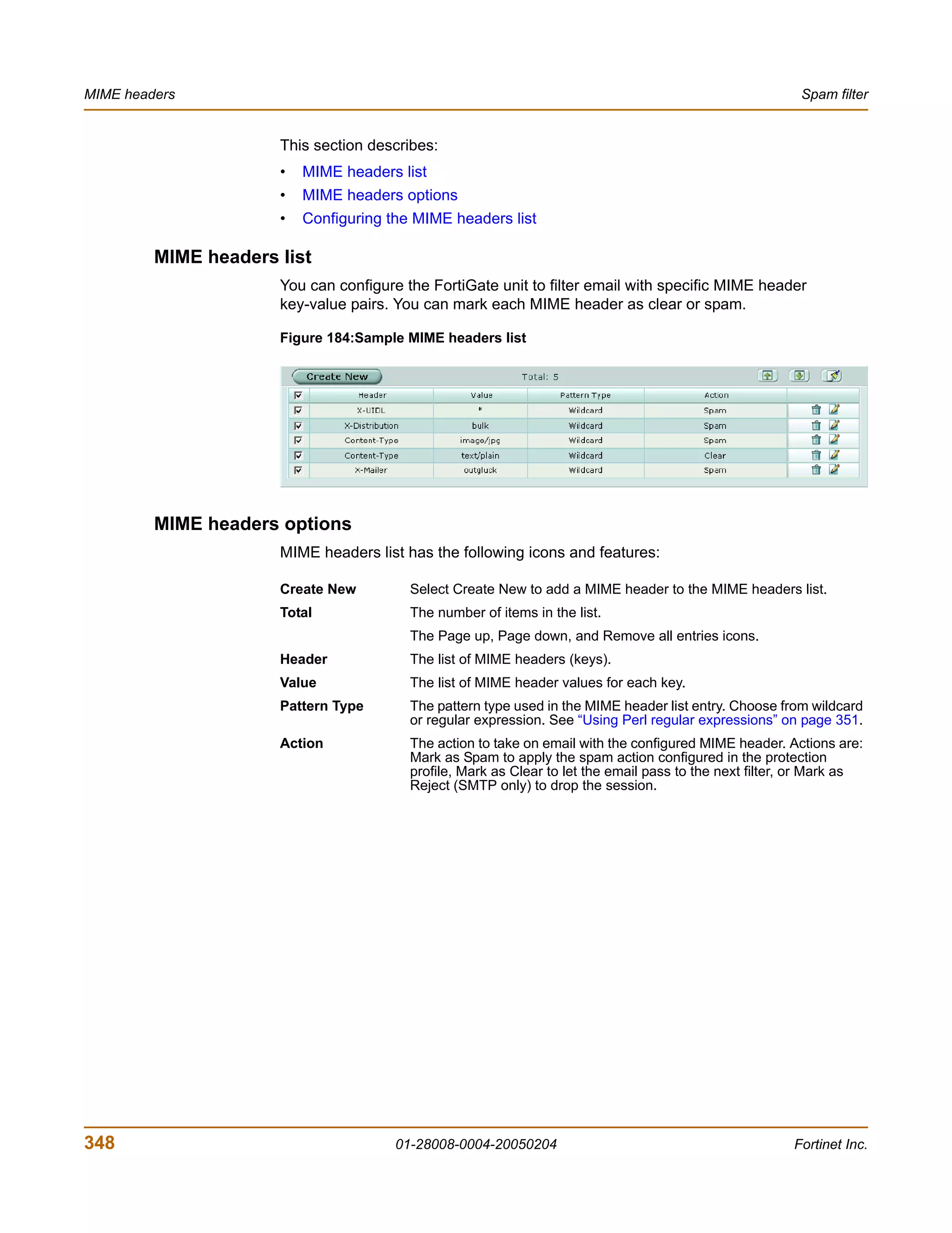 MIME headers                                                                                             Spam filter


                      This section describes:
                      •   MIME headers list
                      •   MIME headers options
                      •   Configuring the MIME headers list

         MIME headers list
                      You can configure the FortiGate unit to filter email with specific MIME header
                      key-value pairs. You can mark each MIME header as clear or spam.

                      Figure 184:Sample MIME headers list




         MIME headers options
                      MIME headers list has the following icons and features:

                      Create New         Select Create New to add a MIME header to the MIME headers list.
                      Total              The number of items in the list.
                                         The Page up, Page down, and Remove all entries icons.
                      Header             The list of MIME headers (keys).
                      Value              The list of MIME header values for each key.
                      Pattern Type       The pattern type used in the MIME header list entry. Choose from wildcard
                                         or regular expression. See “Using Perl regular expressions” on page 351.
                      Action             The action to take on email with the configured MIME header. Actions are:
                                         Mark as Spam to apply the spam action configured in the protection
                                         profile, Mark as Clear to let the email pass to the next filter, or Mark as
                                         Reject (SMTP only) to drop the session.




348                                    01-28008-0004-20050204                                           Fortinet Inc.
 