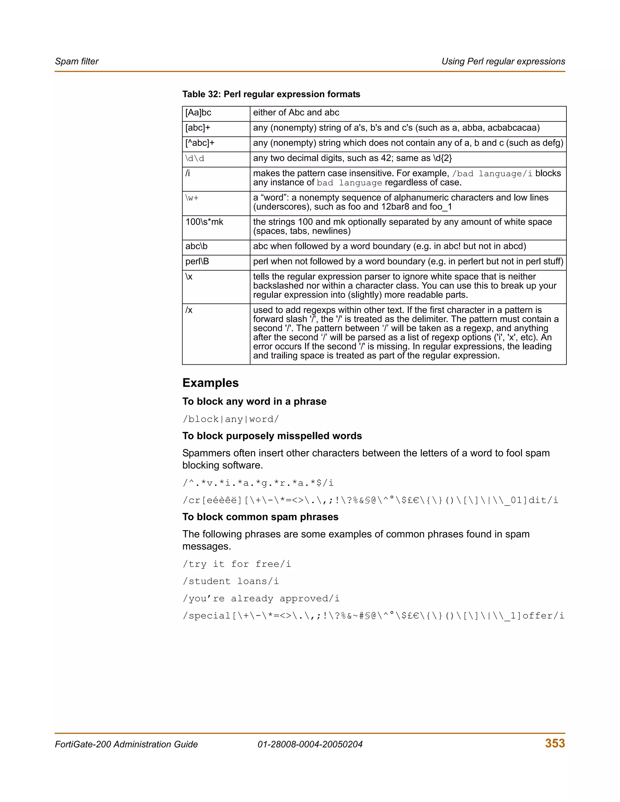Spam filter                                                                                      Using Perl regular expressions


                              Table 32: Perl regular expression formats
                               [Aa]bc         either of Abc and abc
                               [abc]+         any (nonempty) string of a's, b's and c's (such as a, abba, acbabcacaa)
                               [^abc]+        any (nonempty) string which does not contain any of a, b and c (such as defg)
                               dd           any two decimal digits, such as 42; same as d{2}
                               /i             makes the pattern case insensitive. For example, /bad language/i blocks
                                              any instance of bad language regardless of case.
                               w+            a “word”: a nonempty sequence of alphanumeric characters and low lines
                                              (underscores), such as foo and 12bar8 and foo_1
                               100s*mk       the strin