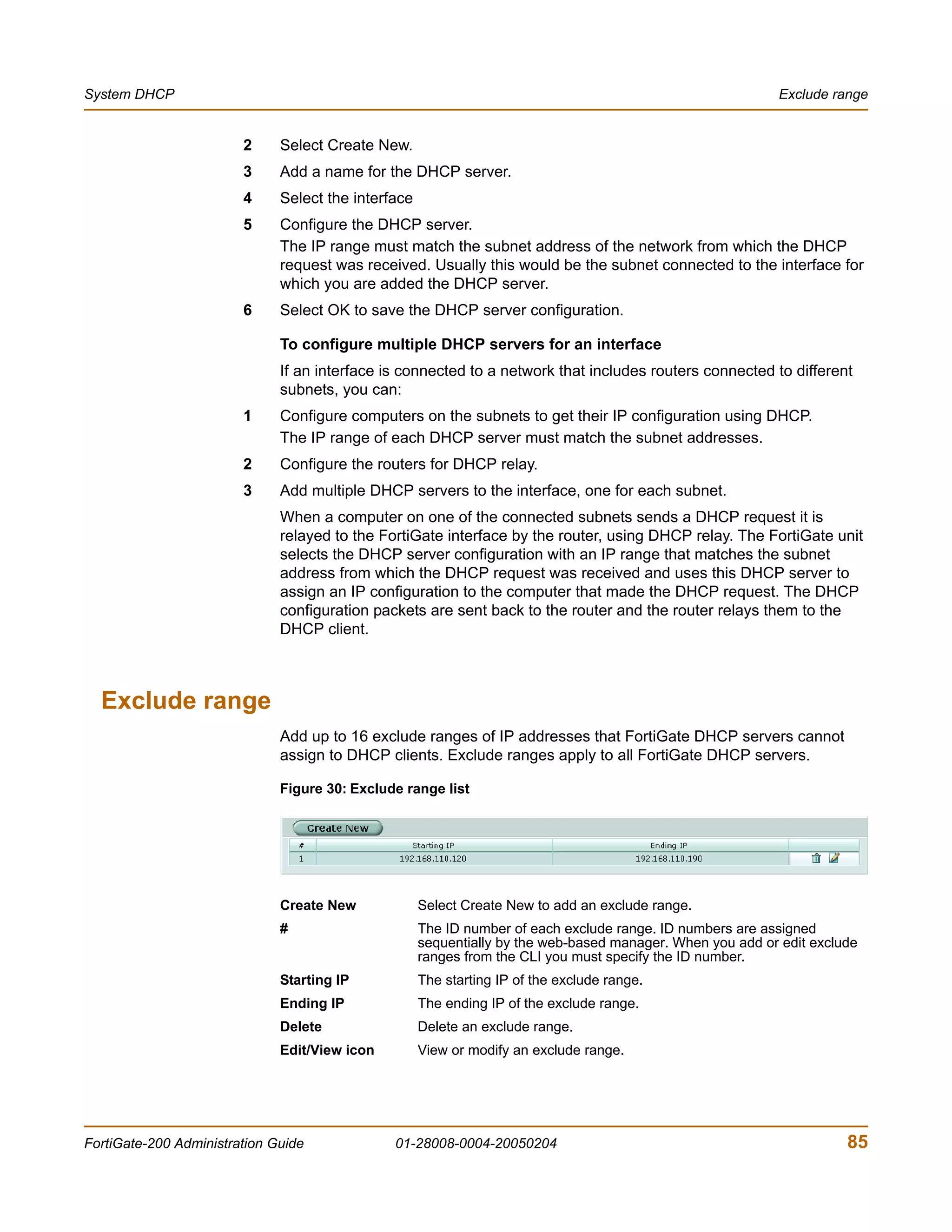 System DHCP                                                                                                Exclude range


                        2     Select Create New.
                        3     Add a name for the DHCP server.
                        4     Select the interface
                        5     Configure the DHCP server.
                              The IP range must match the subnet address of the network from which the DHCP
                              request was received. Usually this would be the subnet connected to the interface for
                              which you are added the DHCP server.
                        6     Select OK to save the DHCP server configuration.

                              To configure multiple DHCP servers for an interface
                              If an interface is connected to a network that includes routers connected to different
                              subnets, you can:
                        1     Configure computers on the subnets to get their IP configuration using DHCP.
                              The IP range of each DHCP server must match the subnet addresses.
                        2     Configure the routers for DHCP relay.
                        3     Add multiple DHCP servers to the interface, one for each subnet.
                              When a computer on one of the connected subnets sends a DHCP request it is
                              relayed to the FortiGate interface by the router, using DHCP relay. The FortiGate unit
                              selects the DHCP server configuration with an IP range that matches the subnet
                              address from which the DHCP request was received and uses this DHCP server to
                              assign an IP configuration to the computer that made the DHCP request. The DHCP
                              configuration packets are sent back to the router and the router relays them to the
                              DHCP client.



  Exclude range
                              Add up to 16 exclude ranges of IP addresses that FortiGate DHCP servers cannot
                              assign to DHCP clients. Exclude ranges apply to all FortiGate DHCP servers.

                              Figure 30: Exclude range list




                              Create New             Select Create New to add an exclude range.
                              #                      The ID number of each exclude range. ID numbers are assigned
                                                     sequentially by the web-based manager. When you add or edit exclude
                                                     ranges from the CLI you must specify the ID number.
                              Starting IP            The starting IP of the exclude range.
                              Ending IP              The ending IP of the exclude range.
                              Delete                 Delete an exclude range.
                              Edit/View icon         View or modify an exclude range.




FortiGate-200 Administration Guide             01-28008-0004-20050204                                                 85
 
