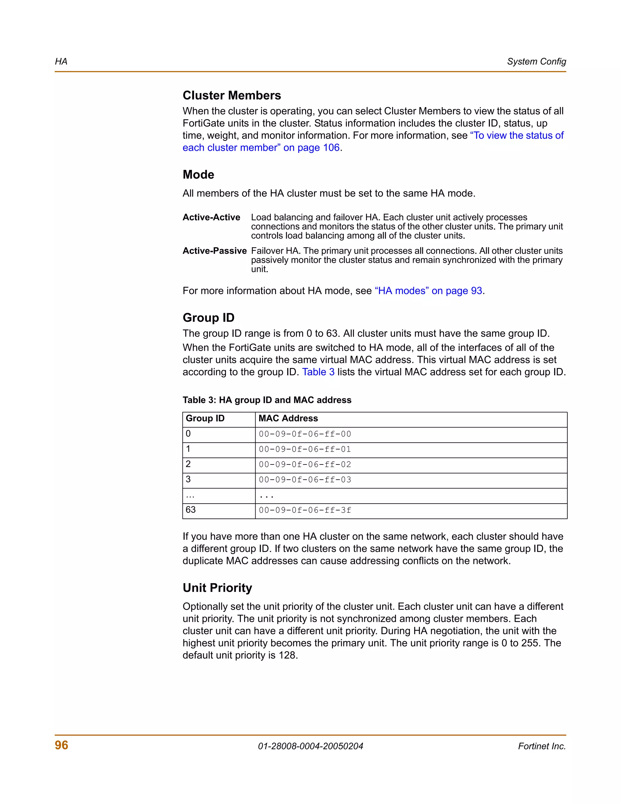 HA                                                                                     System Config


     Cluster Members
     When the cluster is operating, you can select Cluster Members to view the status of all
     FortiGate units in the cluster. Status information includes the cluster ID, status, up
     time, weight, and monitor information. For more information, see “To view the status of
     each cluster member” on page 106.

     Mode
     All members of the HA cluster must be set to the same HA mode.

     Active-Active    Load balancing and failover HA. Each cluster unit actively processes
                      connections and monitors the status of the other cluster units. The primary unit
                      controls load balancing among all of the cluster units.
     Active-Passive Failover HA. The primary unit processes all connections. All other cluster units
                    passively monitor the cluster status and remain synchronized with the primary
                    unit.

     For more information about HA mode, see “HA modes” on page 93.

     Group ID
     The group ID range is from 0 to 63. All cluster units must have the same group ID.
     When the FortiGate units are switched to HA mode, all of the interfaces of all of the
     cluster units acquire the same virtual MAC address. This virtual MAC address is set
     according to the group ID. Table 3 lists the virtual MAC address set for each group ID.

     Table 3: HA group ID and MAC address

     Group ID          MAC Address
     0                 00-09-0f-06-ff-00
     1                 00-09-0f-06-ff-01
     2                 00-09-0f-06-ff-02
     3                 00-09-0f-06-ff-03
     …                 ...
     63                00-09-0f-06-ff-3f

     If you have more than one HA cluster on the same network, each cluster should have
     a different group ID. If two clusters on the same network have the same group ID, the
     duplicate MAC addresses can cause addressing conflicts on the network.

     Unit Priority
     Optionally set the unit priority of the cluster unit. Each cluster unit can have a different
     unit priority. The unit priority is not synchronized among cluster members. Each
     cluster unit can have a different unit priority. During HA negotiation, the unit with the
     highest unit priority becomes the primary unit. The unit priority range is 0 to 255. The
     default unit priority is 128.




96                     01-28008-0004-20050204                                             Fortinet Inc.
 