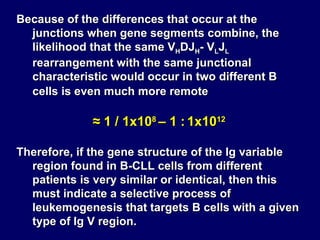 Because of the differences that occur at the junctions when gene segments combine, the likelihood that the same V H DJ H - V L J L  rearrangement with the same junctional characteristic would occur in two different B cells is even much more remote   ≈  1 / 1x10 8  – 1 :   1x10 12 Therefore, if the gene structure of the Ig variable region found in B-CLL cells from different patients is very similar or identical, then this must indicate a selective process of leukemogenesis that targets B cells with a given type of Ig V region.  