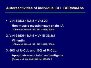 Autoreactivities of individual CLL BCRs/mAbs V H 1-69/D3-16/J H 3 + V K 3-20:  Non-muscle myosin heavy chain IIA    ( Chu et al. Blood 112: 5122-5129, 2008 ) 2. V H 4-39/D6-13/J H 5 + V K 1D-39/J K 1 Vimentin   ( Chu et al. Blood 112: 5122-5129, 2008 ) 3. 60% of U-CLL and 10% of M-CLL:  Apoptosis-associated autoantigens  ( Catera et al. Mol Med 2008; 14: 665-674   ) 