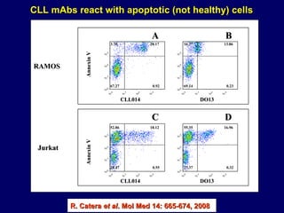 CLL mAbs react with apoptotic (not healthy) cells R. Catera  et al . Mol Med 14: 665-674, 2008   Jurkat RAMOS Annexin V CLL014 DO13 C D Annexin V CLL014 DO13 A B 28.17 0.92 3.70 67.27 13.86 0.23 69.14 16.77 52.86 18.12 0.55 28.47 55.35 16.96 0.32 27.37 