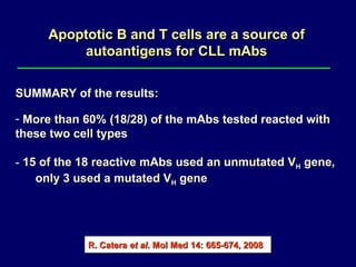 Apoptotic B and T cells are a source of autoantigens for CLL mAbs SUMMARY of the results: More than 60% (18/28) of the mAbs tested reacted with  these two cell types 15 of the 18 reactive mAbs used an unmutated V H  gene,  only 3 used a mutated V H  gene R. Catera  et al . Mol Med 14: 665-674, 2008   