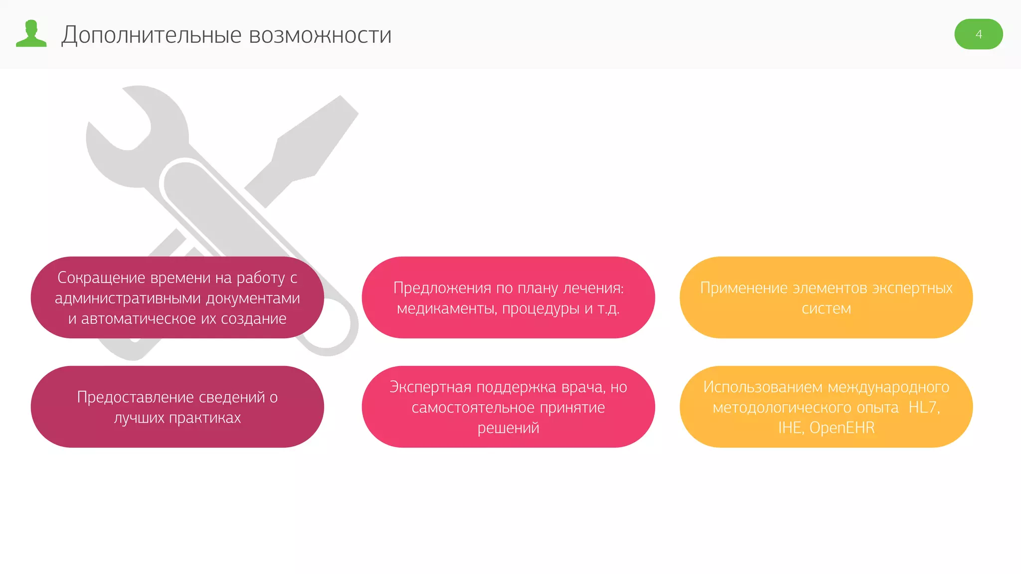 Дополнительные возможности 4
Сокращение времени на работу с
административными документами
и автоматическое их создание
Предоставление сведений о
лучших практиках
Предложения по плану лечения:
медикаменты, процедуры и т.д.
Экспертная поддержка врача, но
самостоятельное принятие
решений
Применение элементов экспертных
систем
Использованием международного
методологического опыта HL7,
IHE, OpenEHR
 