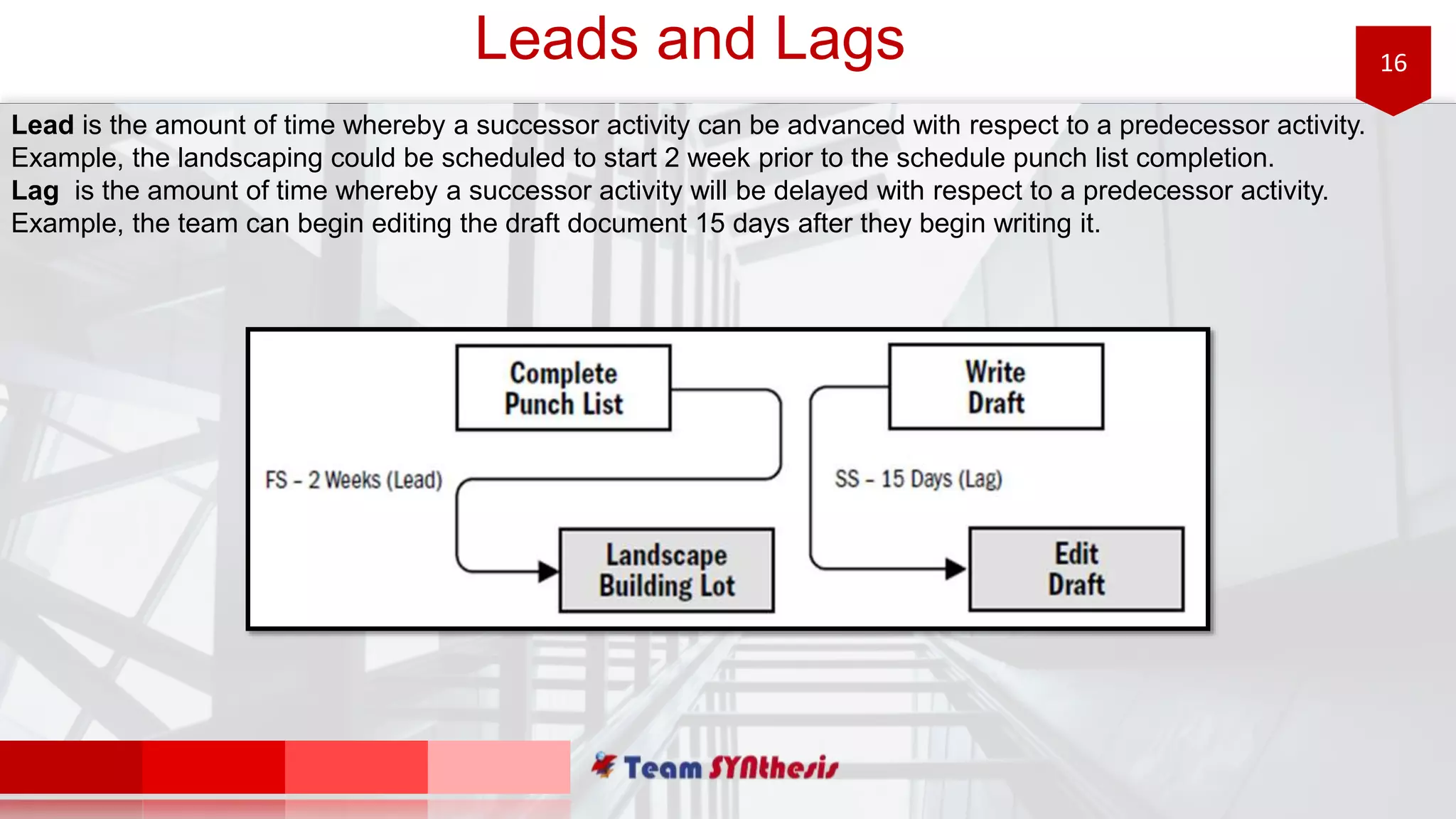 16Leads and Lags
Lead is the amount of time whereby a successor activity can be advanced with respect to a predecessor activity.
Example, the landscaping could be scheduled to start 2 week prior to the schedule punch list completion.
Lag is the amount of time whereby a successor activity will be delayed with respect to a predecessor activity.
Example, the team can begin editing the draft document 15 days after they begin writing it.
 