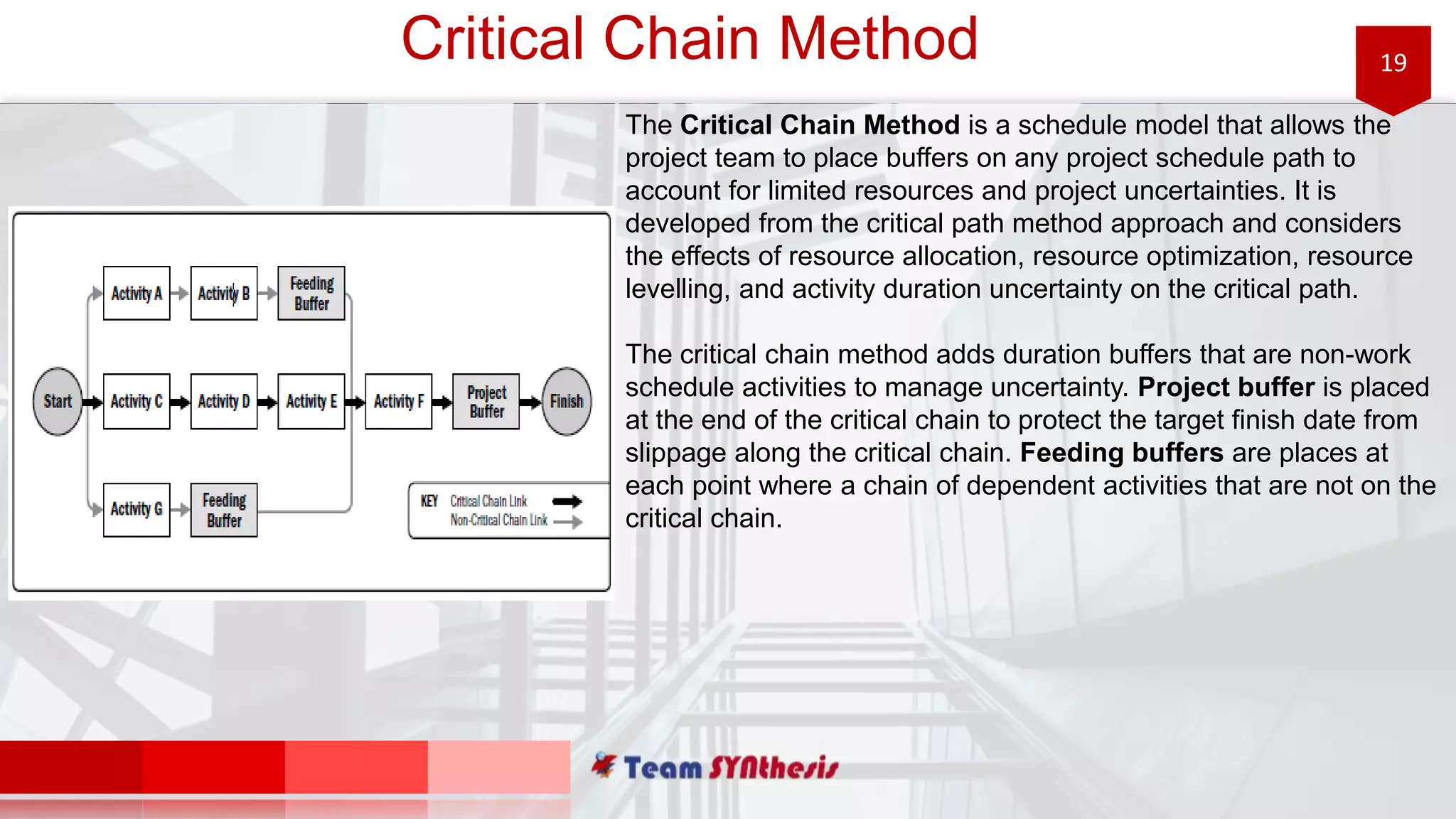 19Critical Chain Method
The Critical Chain Method is a schedule model that allows the
project team to place buffers on any project schedule path to
account for limited resources and project uncertainties. It is
developed from the critical path method approach and considers
the effects of resource allocation, resource optimization, resource
levelling, and activity duration uncertainty on the critical path.
The critical chain method adds duration buffers that are non-work
schedule activities to manage uncertainty. Project buffer is placed
at the end of the critical chain to protect the target finish date from
slippage along the critical chain. Feeding buffers are places at
each point where a chain of dependent activities that are not on the
critical chain.
 