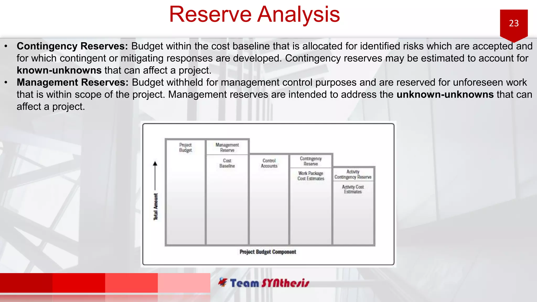 23Reserve Analysis
• Contingency Reserves: Budget within the cost baseline that is allocated for identified risks which are accepted and
for which contingent or mitigating responses are developed. Contingency reserves may be estimated to account for
known-unknowns that can affect a project.
• Management Reserves: Budget withheld for management control purposes and are reserved for unforeseen work
that is within scope of the project. Management reserves are intended to address the unknown-unknowns that can
affect a project.
 