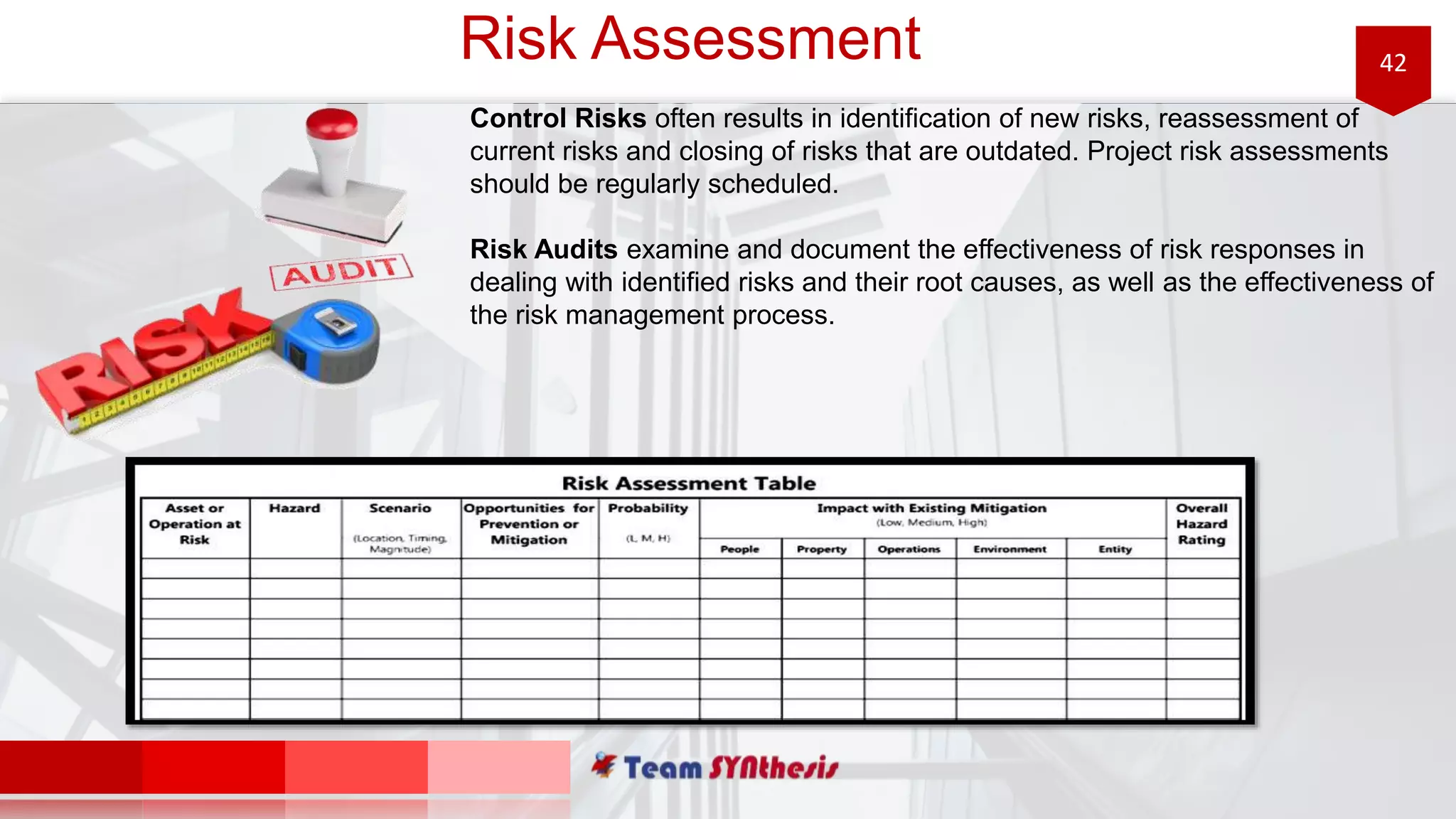 42Risk Assessment
Control Risks often results in identification of new risks, reassessment of
current risks and closing of risks that are outdated. Project risk assessments
should be regularly scheduled.
Risk Audits examine and document the effectiveness of risk responses in
dealing with identified risks and their root causes, as well as the effectiveness of
the risk management process.
 