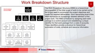 13Work Breakdown Structure
The Work Breakdown Structure (WBS) is a hierarchical
decomposition of the total scope of work to be carried out by
the project team to accomplish the project objectives and
create the required deliverables. Each descending level of the
WBS represents an increasingly detailed definition of the
project work. The WBS is finalized by assigning each work
package to a control account and establishing a unique
identifier for that work package from a code of accounts.
These identifiers provide a structure for hierarchical
summation of costs, schedule and resource information.
Work Breakdown
Structure (WBS)
 
