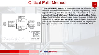 18Critical Path Method
The Critical Path Method is used to estimate the minimum project
duration and determine the amount of scheduling flexibility on the
logical network paths. This schedule network analysis technique
calculates the early start, early finish, late start and late finish
dates for all activities without regard for any resource limitations by
performing a forward and backward pass analysis. The critical
path is the sequence of activities that represents the longest path
through a project, which normally would have zero total float.
 
