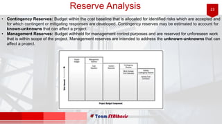 23Reserve Analysis
• Contingency Reserves: Budget within the cost baseline that is allocated for identified risks which are accepted and
for which contingent or mitigating responses are developed. Contingency reserves may be estimated to account for
known-unknowns that can affect a project.
• Management Reserves: Budget withheld for management control purposes and are reserved for unforeseen work
that is within scope of the project. Management reserves are intended to address the unknown-unknowns that can
affect a project.
 
