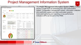34Project Management Information System
The Project Management Information System (PMIS) provides
access to tools such as scheduling tool, work authorization
system, configuration management system, information collection
and distribution system and other automated systems.
Automated gathering and reporting on key performance
indicators (KPI) can be part of the PMIS.
 