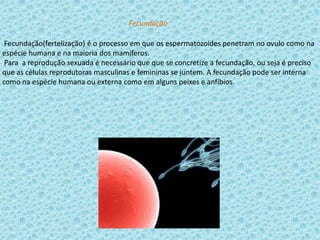 Fecundação
Fecundação(fertelização) é o processo em que os espermatozoides penetram no ovulo como na
espécie humana e na maioria dos mamíferos.
Para a reprodução sexuada é necessário que que se concretize a fecundação, ou seja é preciso
que as células reprodutoras masculinas e femininas se juntem. A fecundação pode ser interna
como na espécie humana ou externa como em alguns peixes e anfíbios.

 