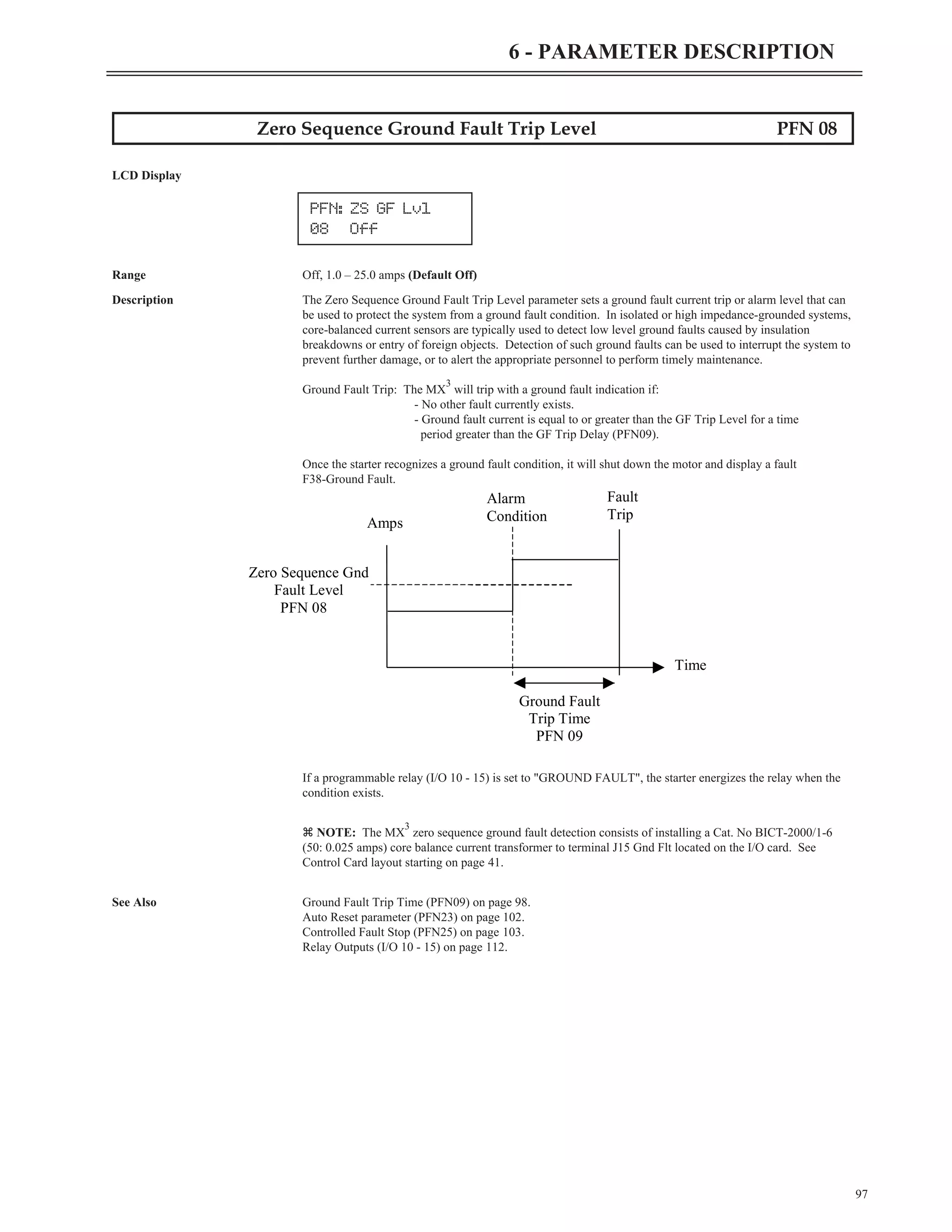 Zero Sequence Ground Fault Trip Level PFN 08
LCD Display
Range Off, 1.0 – 25.0 amps (Default Off)
Description The Zero Sequence Ground Fault Trip Level parameter sets a ground fault current trip or alarm level that can
be used to protect the system from a ground fault condition. In isolated or high impedance-grounded systems,
core-balanced current sensors are typically used to detect low level ground faults caused by insulation
breakdowns or entry of foreign objects. Detection of such ground faults can be used to interrupt the system to
prevent further damage, or to alert the appropriate personnel to perform timely maintenance.
Ground Fault Trip: The MX
3
will trip with a ground fault indication if:
- No other fault currently exists.
- Ground fault current is equal to or greater than the GF Trip Level for a time
period greater than the GF Trip Delay (PFN09).
Once the starter recognizes a ground fault condition, it will shut down the motor and display a fault
F38-Ground Fault.
If a programmable relay (I/O 10 - 15) is set to "GROUND FAULT", the starter energizes the relay when the
condition exists.
z NOTE: The MX
3
zero sequence ground fault detection consists of installing a Cat. No BICT-2000/1-6
(50: 0.025 amps) core balance current transformer to terminal J15 Gnd Flt located on the I/O card. See
Control Card layout starting on page 41.
See Also Ground Fault Trip Time (PFN09) on page 98.
Auto Reset parameter (PFN23) on page 102.
Controlled Fault Stop (PFN25) on page 103.
Relay Outputs (I/O 10 - 15) on page 112.
97
6 - PARAMETER DESCRIPTION
PFN: ZS GF Lvl
08 Off
Alarm
Condition
Fault
Trip
Amps
Ground Fault
Trip Time
PFN 09
Zero Sequence Gnd
Fault Level
PFN 08
Time
 